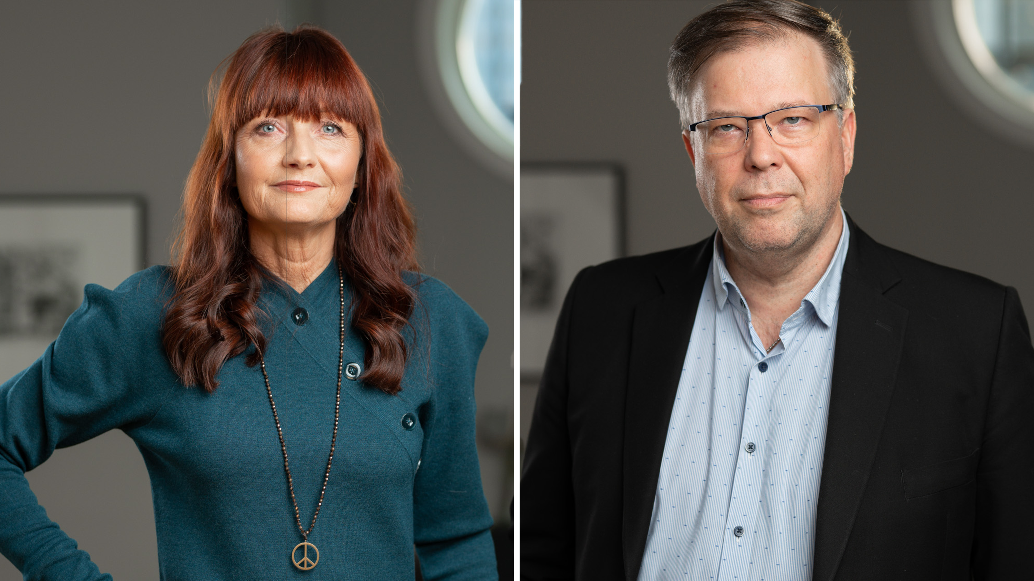 Delad bild med en kvinna med långt kastanjebrunt hår och en man med kort grått hår, båda med glasögon mot neutral bakgrund.