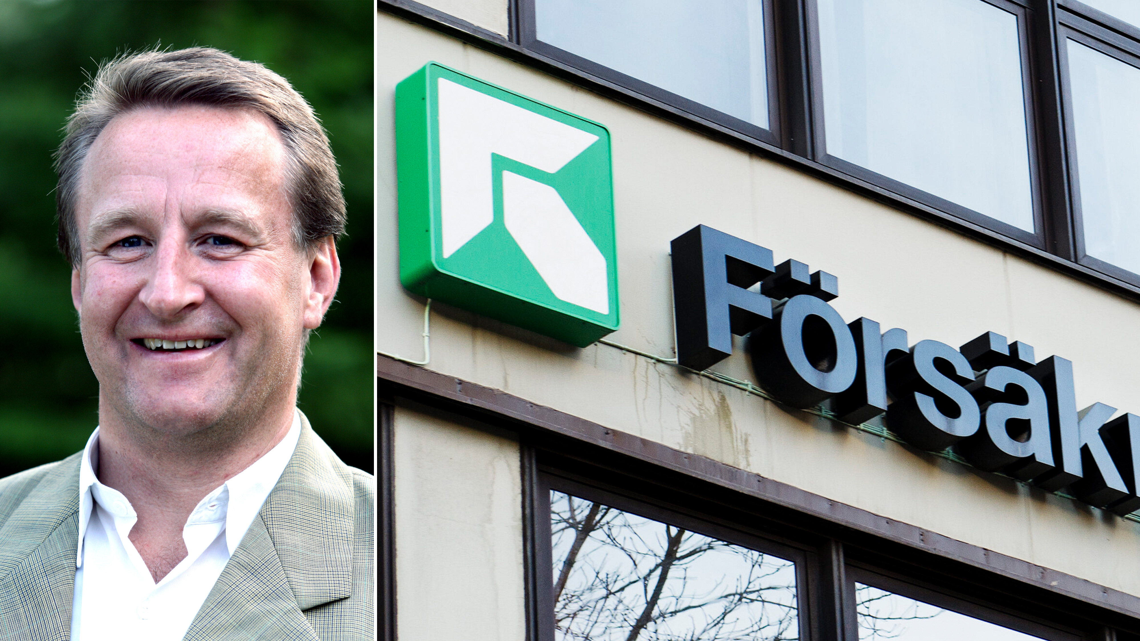 En man i kostym står bredvid en byggnad med skylten "Försäky" och en grön logotyp.