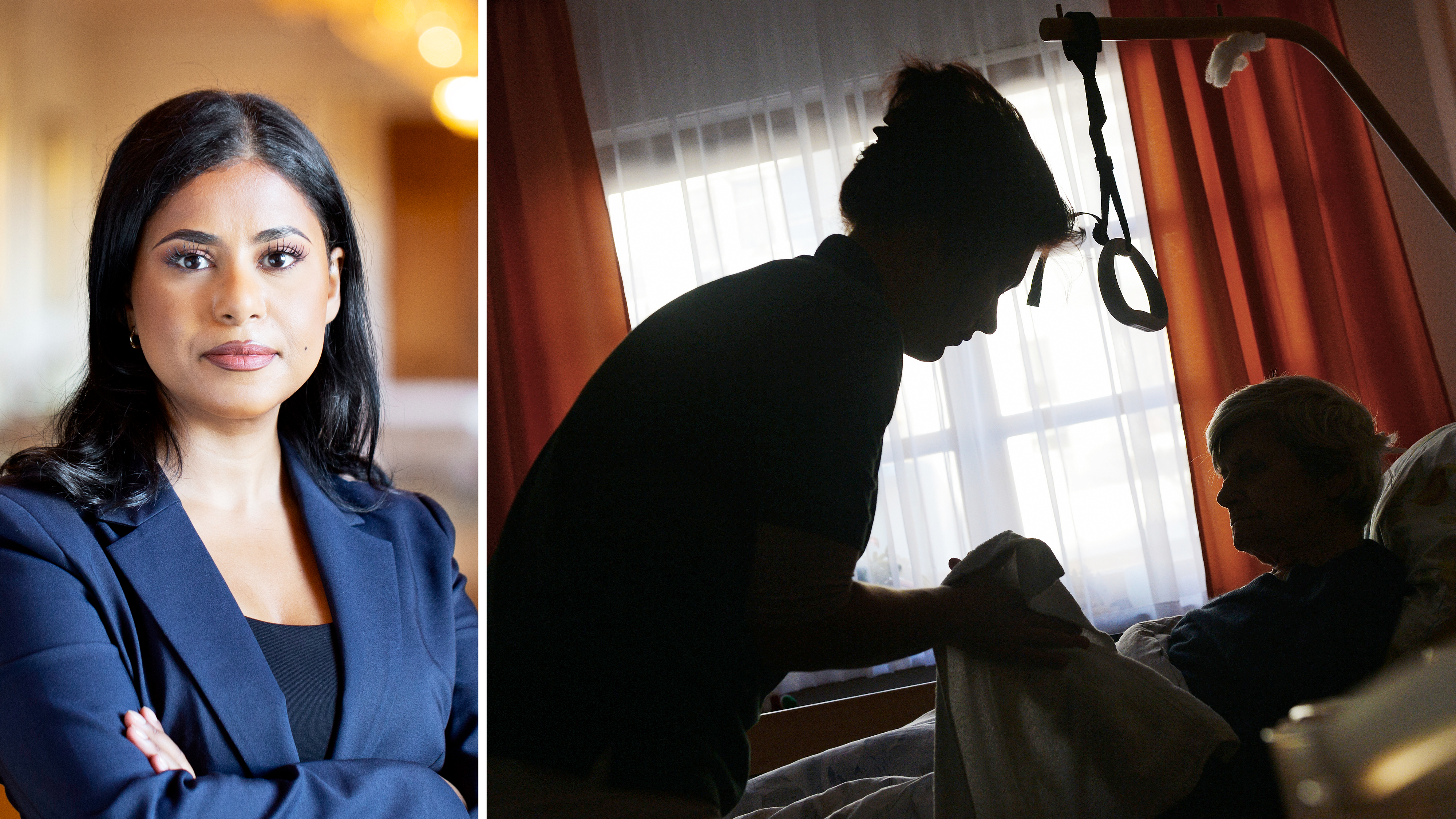 Bildmontage med ett foto på Nadja Awad invid en bild på vårdpersonal som hjälper en äldre person i ett rum.