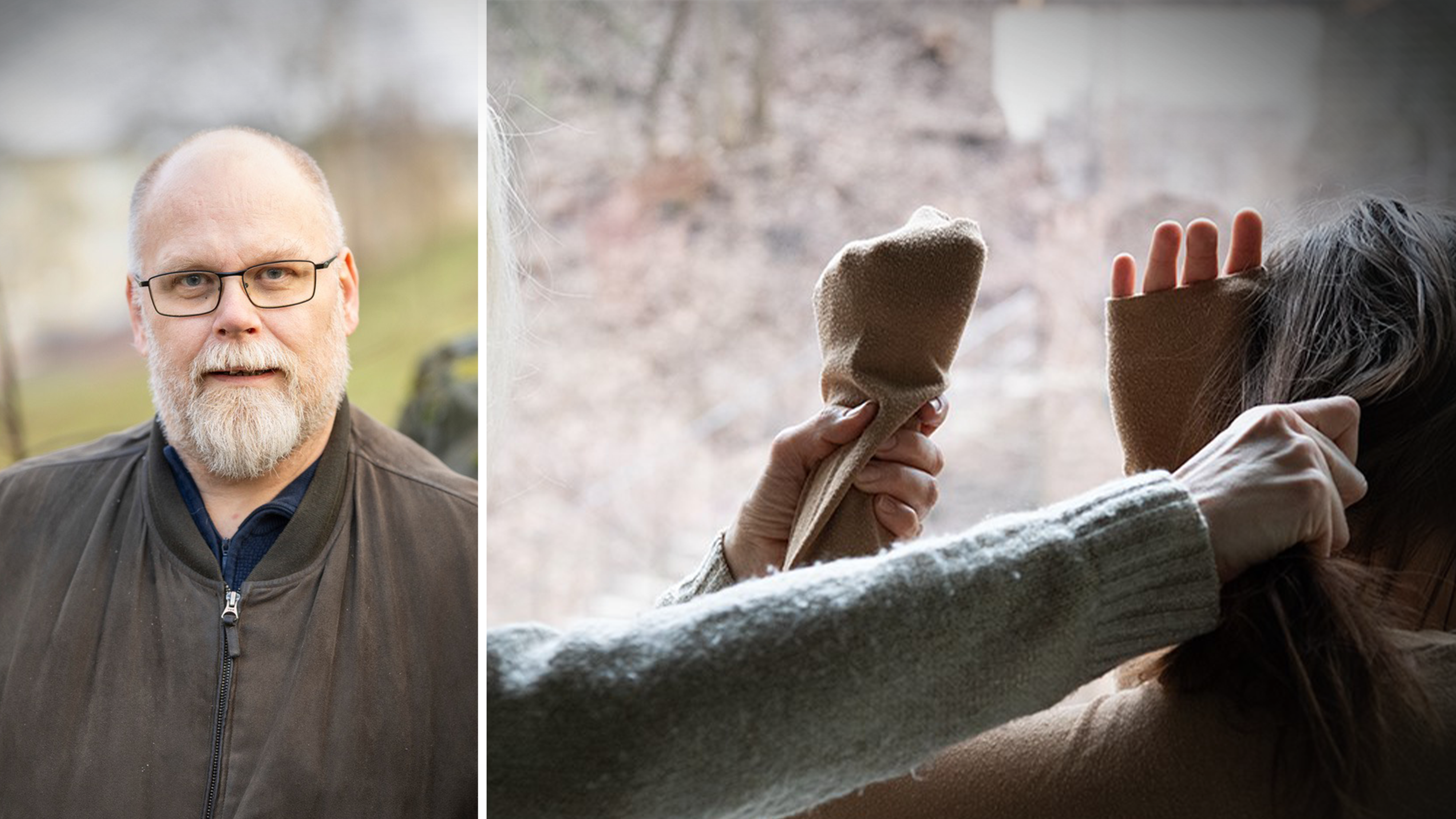 En man med glasögon och skägg står utomhus; intill honom täcker en person någons huvud med en trasa inomhus.