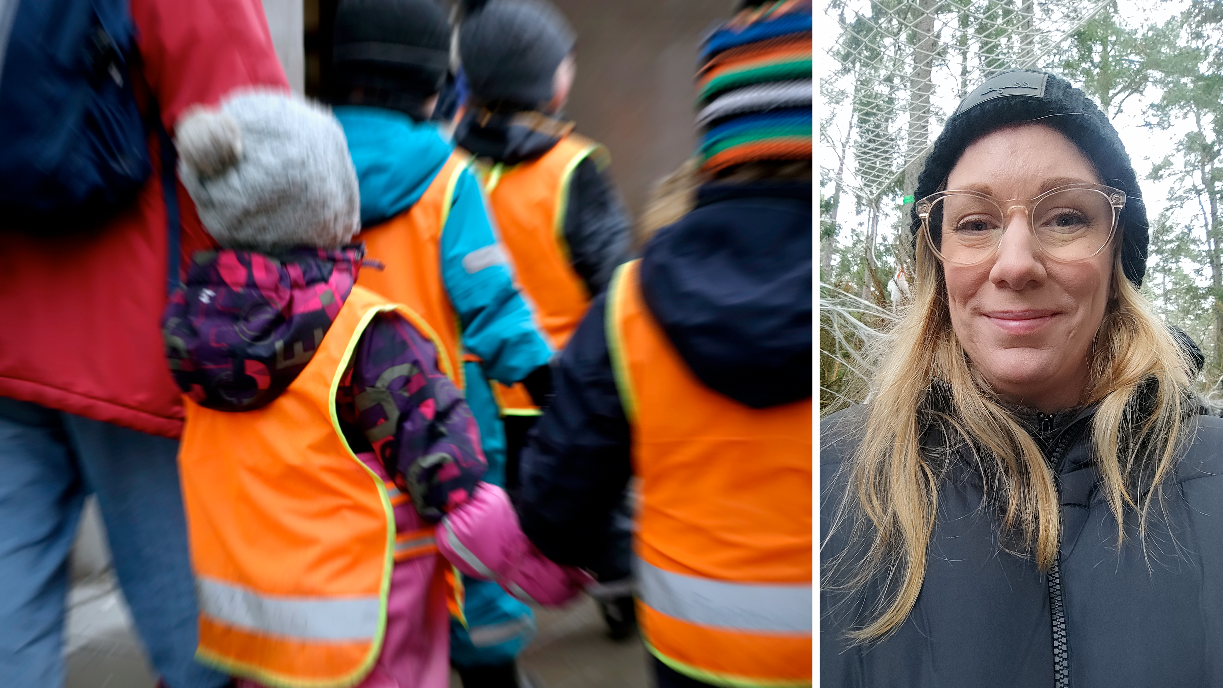 Bildmontage med förskoleklass i orangea reflexvästar, invid ett foto på Marika Sandin Ekbäck utomhus.
