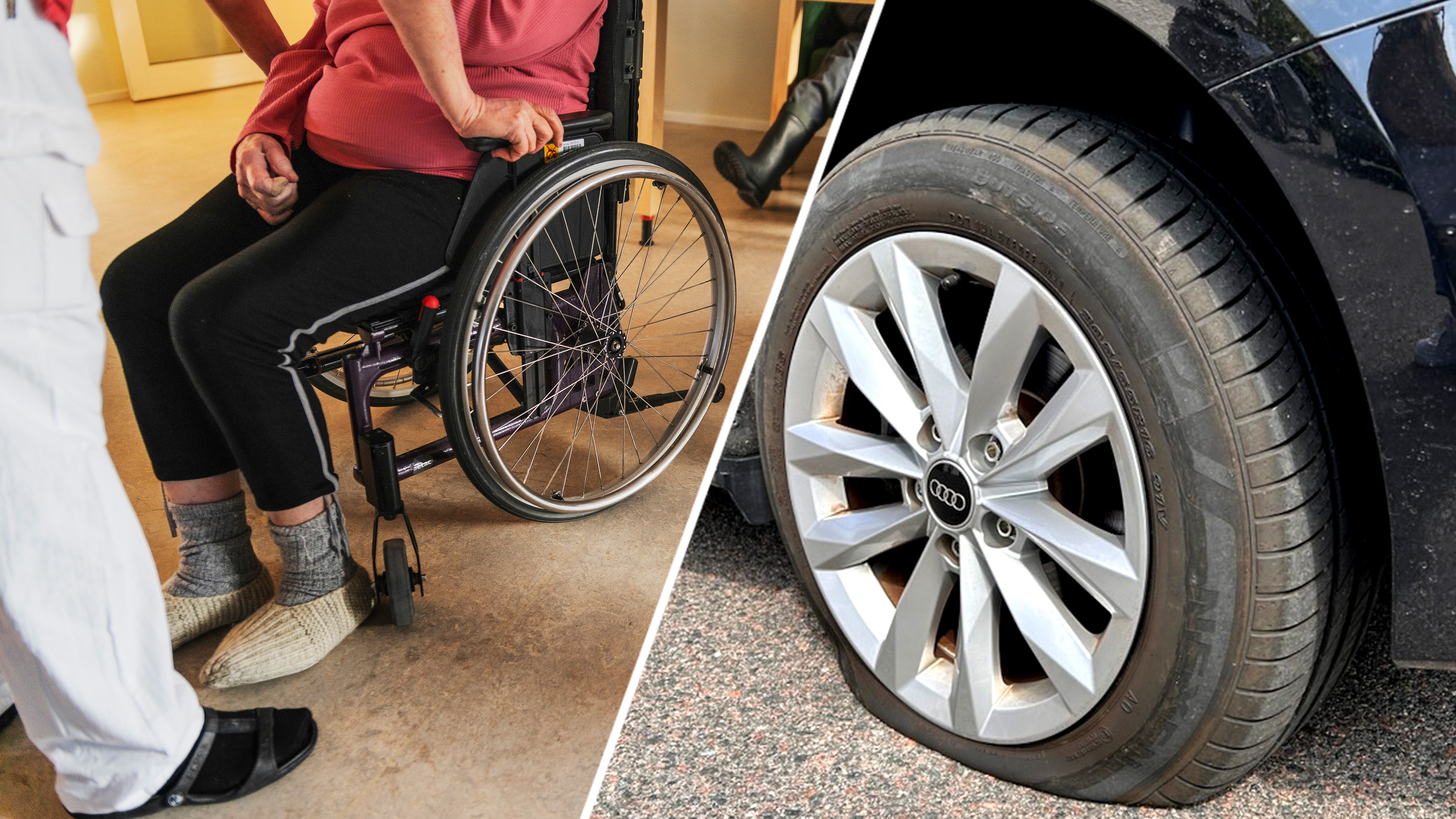 En person sitter i en rullstol inomhus till vänster; närbild på ett punkterat däck på en Audi till höger.