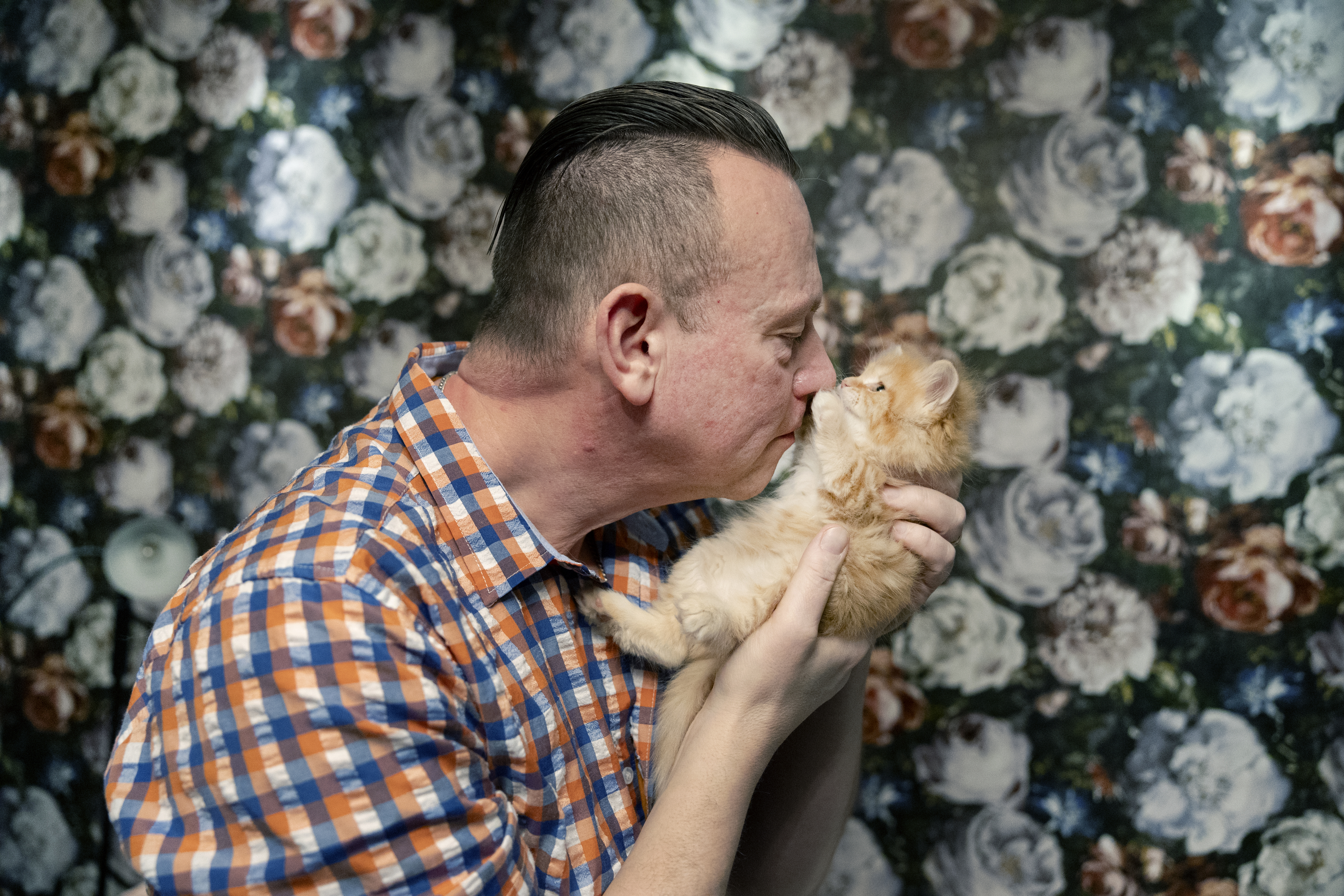 En man i en rutig skjorta håller och pussar en liten orange kattunge framför en bakgrund med blommigt mönster.
