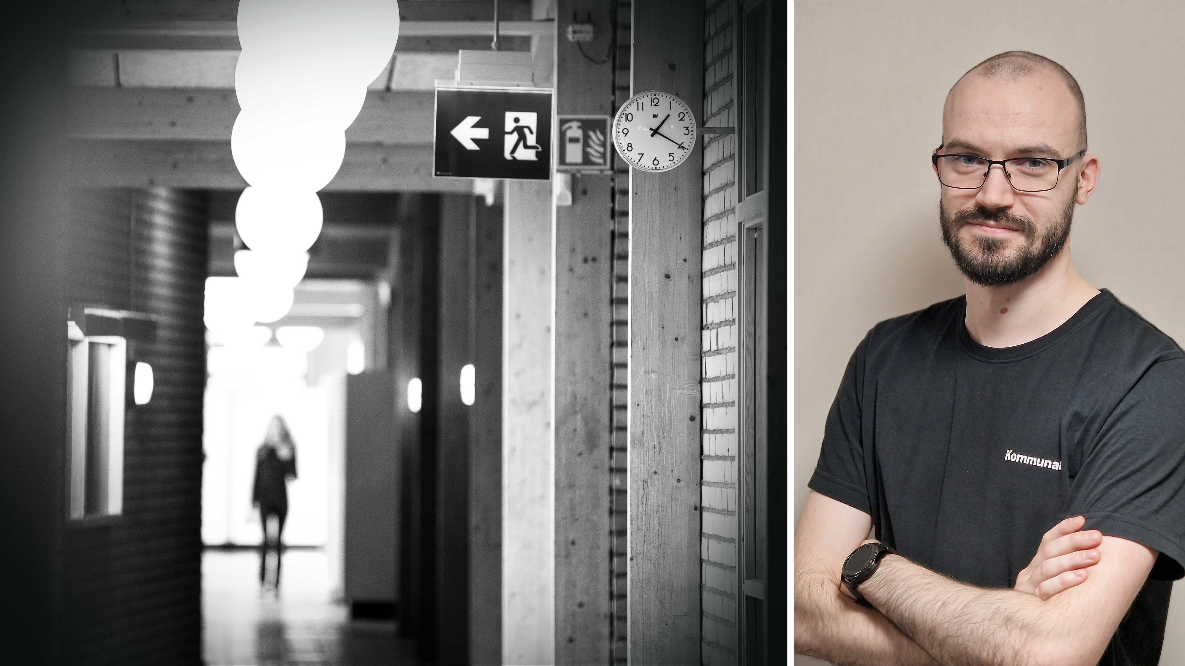 Bildmontage med bild på person som går i en skolkorridor, invid ett foto på Robert Sjulander.