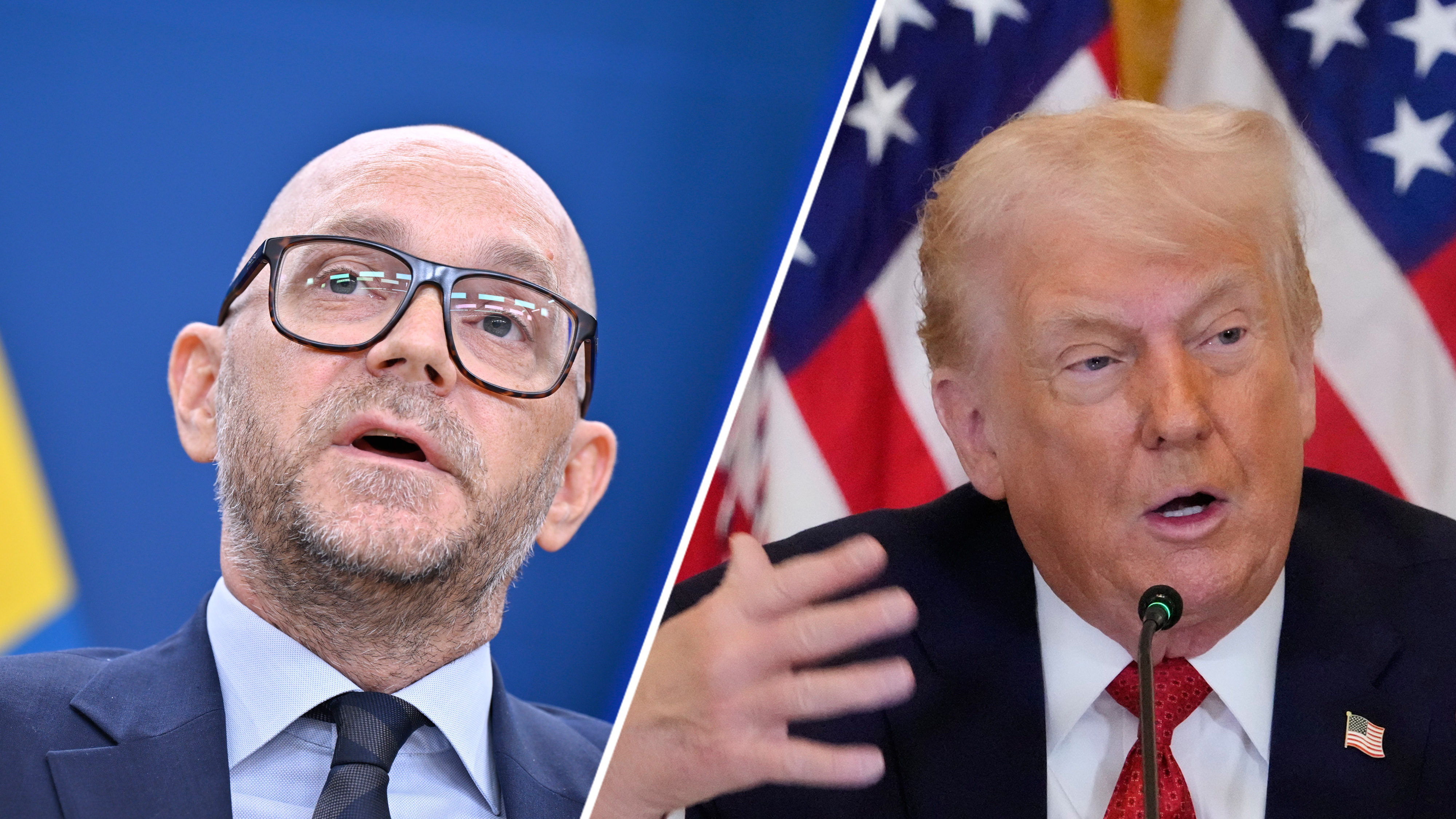 En delad bild visar två män som talar: en skallig med glasögon och kostym, en blond framför amerikanska flaggor, gestikulerande.