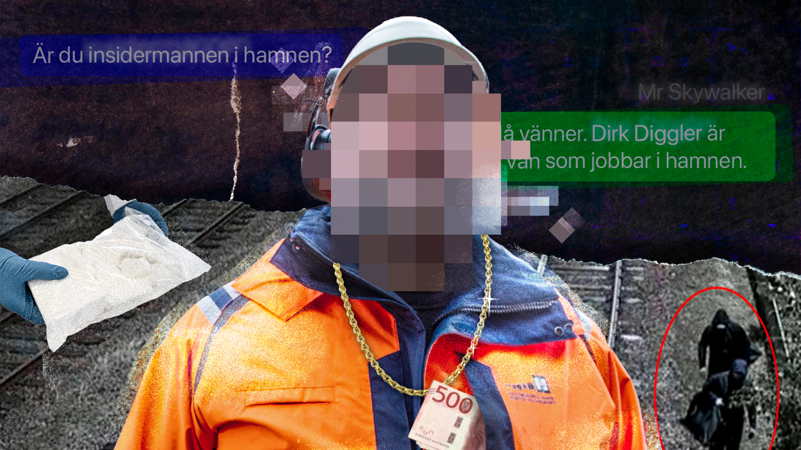 En person i orange arbetsjacka och hjälm med pixlat ansikte har ett låtsasguldhalsband med en 500-lapp, svenska meddelanden och brottsteman syns i bakgrunden.