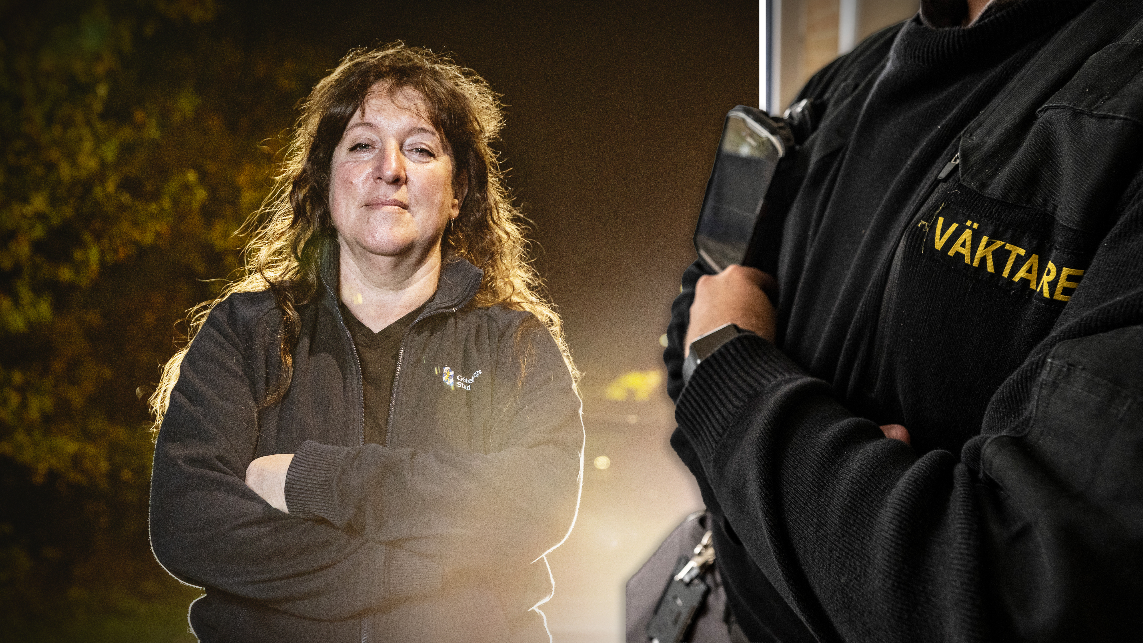 På den delade bilden står stödassistent Bibi Larsen med armarna i kors. Du kommer att se en anonym säkerhetsvakt till höger.