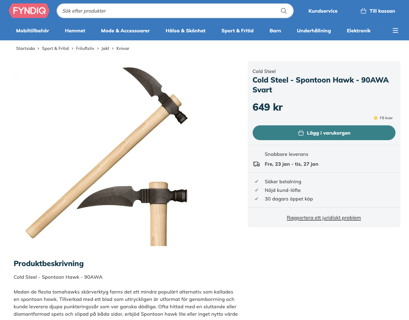 En Cold Steel Spontoon Hawk med svart blad och träskaft visas mot vit bakgrund i två vyer: helbild och detalj av bladet och skaftet.