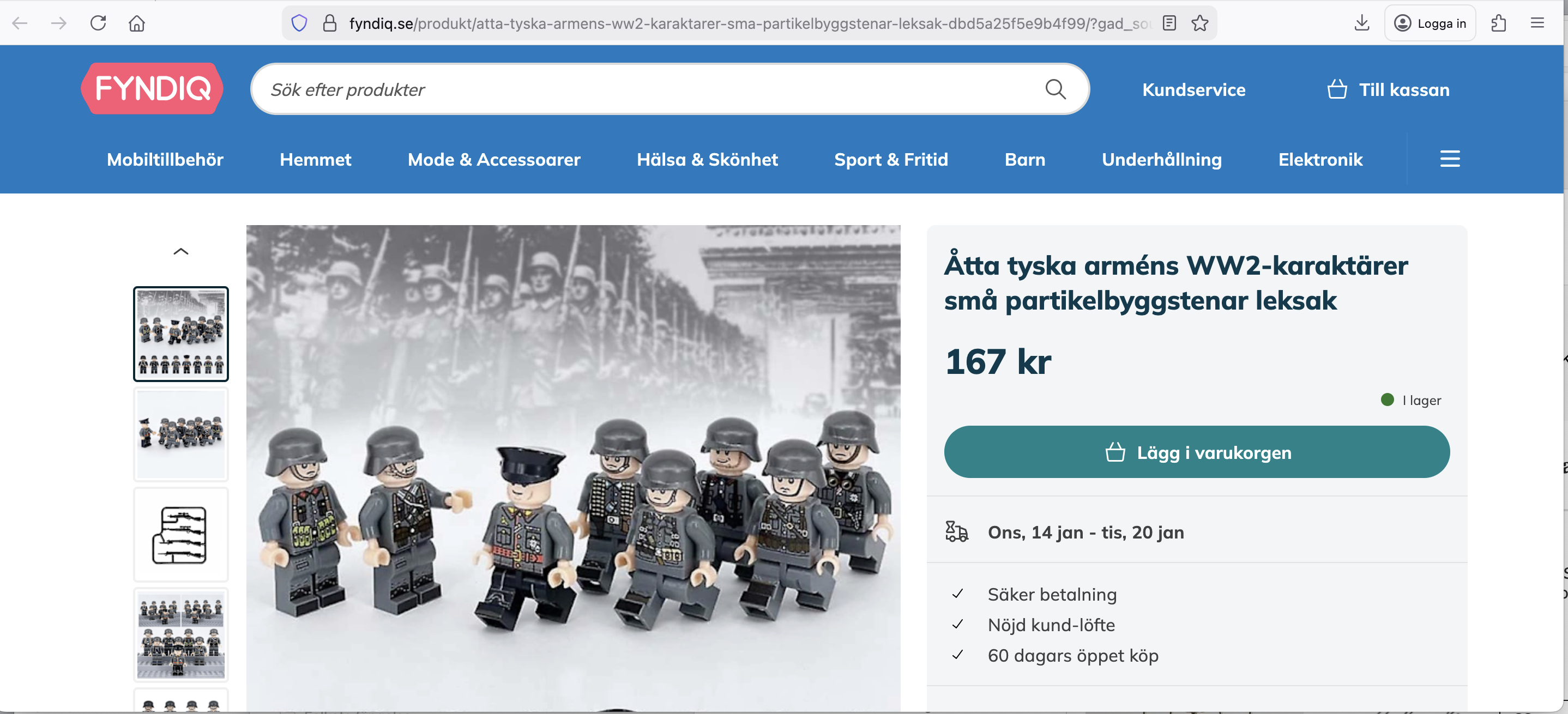 Lego-minifigurer i tyska WWII-uniformer står på rad framför en gråskalebakgrund. Produktannons på Fyndiq för 167 kr.