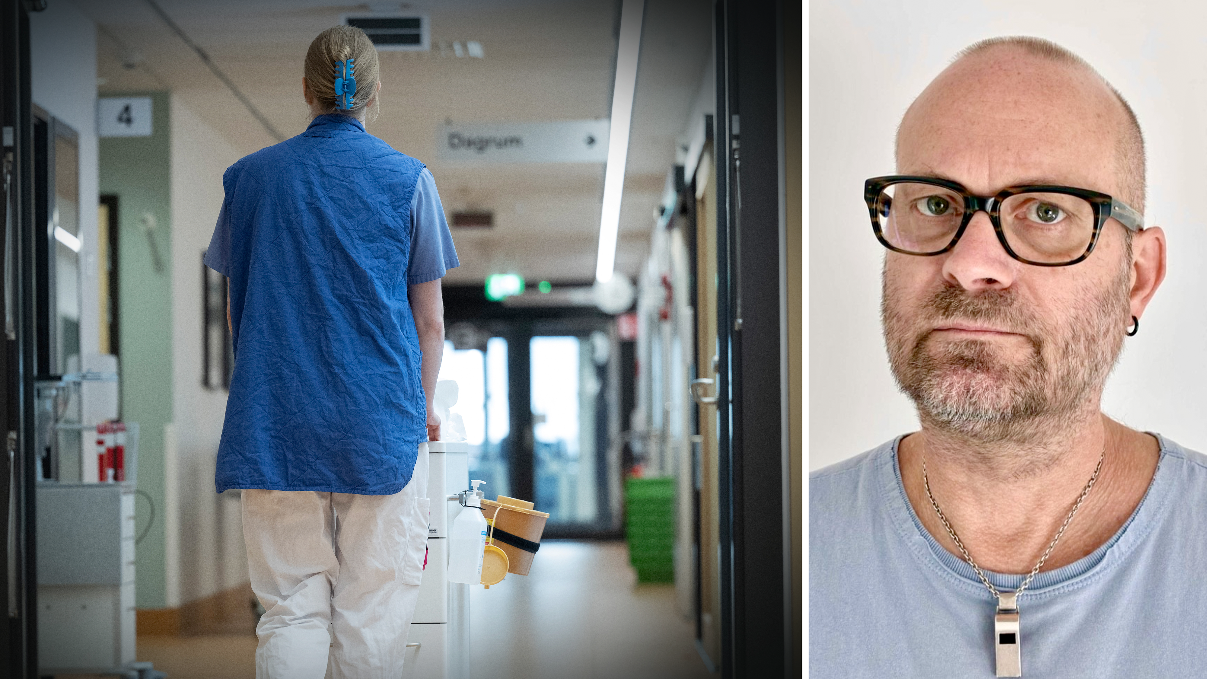 Bildmontage med foto på en sköterska som går i en korridor, invid ett foto på Joacim Österstam.