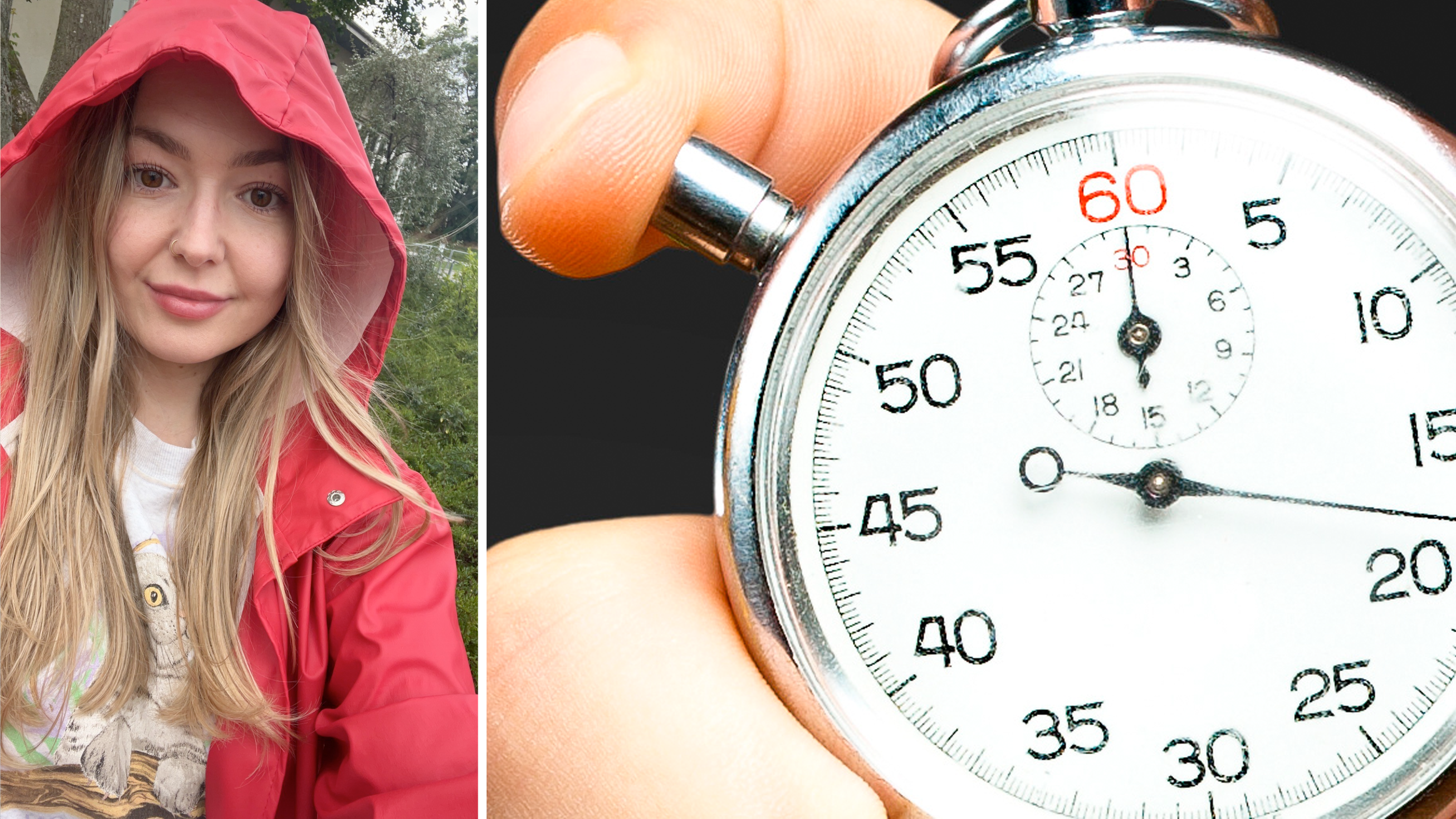 Ett fotomontage med Kate Wallaces porträtt bredvid ett foto av en hand som håller en timerklocka.