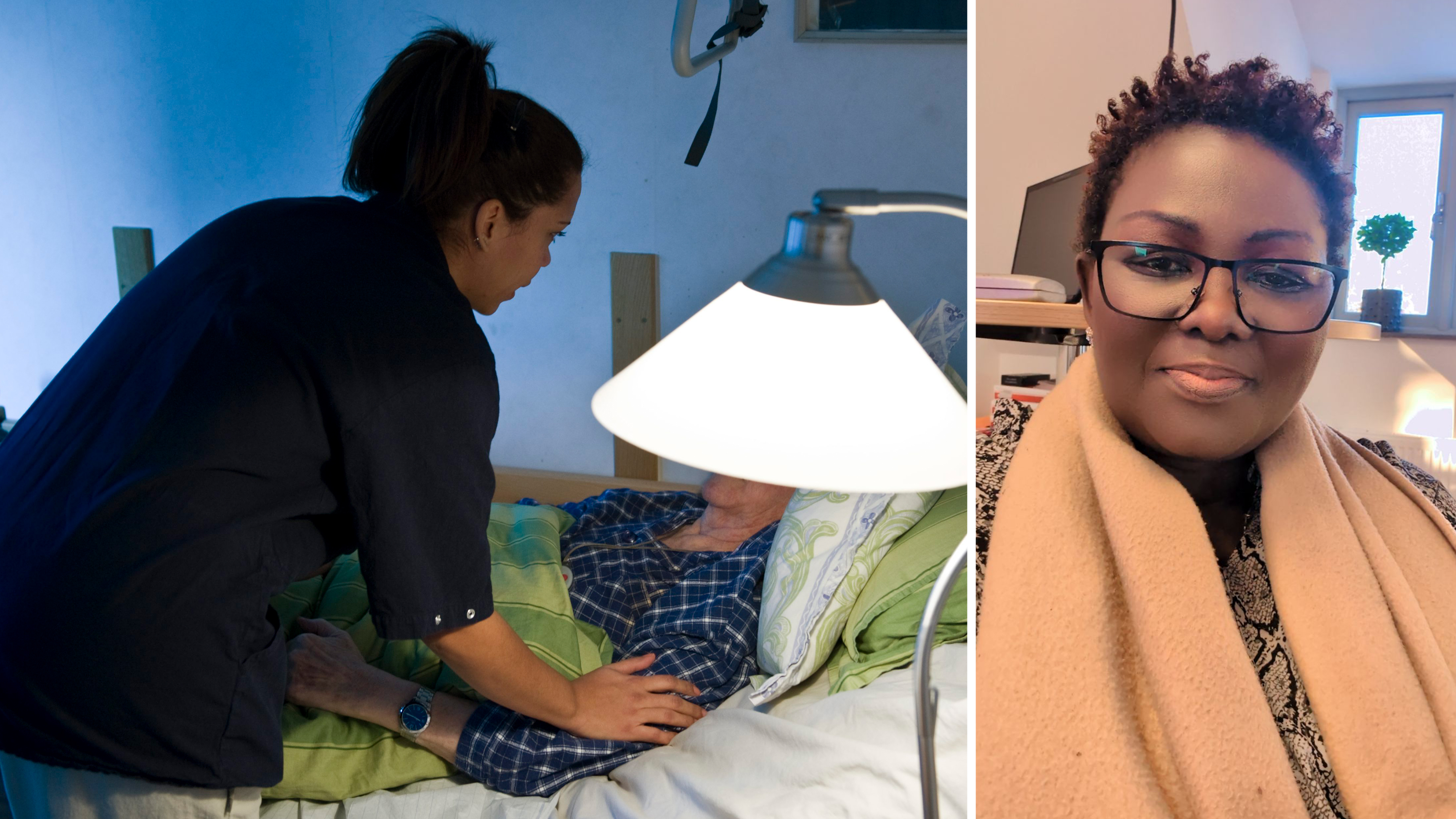 En vårdgivare hjälper en äldre person som ligger i sängen till vänster; till höger ser man en kvinna med glasögon och sjal som ler mot kameran inomhus.