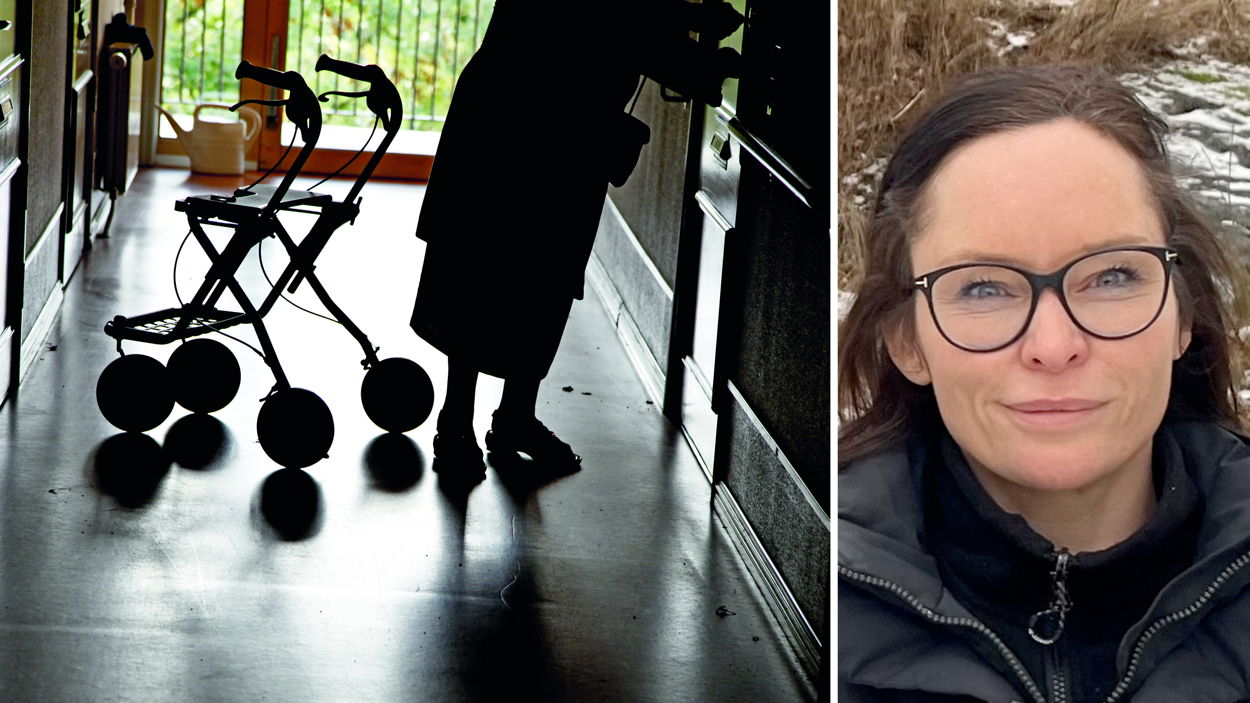 Bildmontage med ett foto på en äldre person med rollator utanför en lägenhetsdörr, invid ett foto på Jenny Wahlström.
