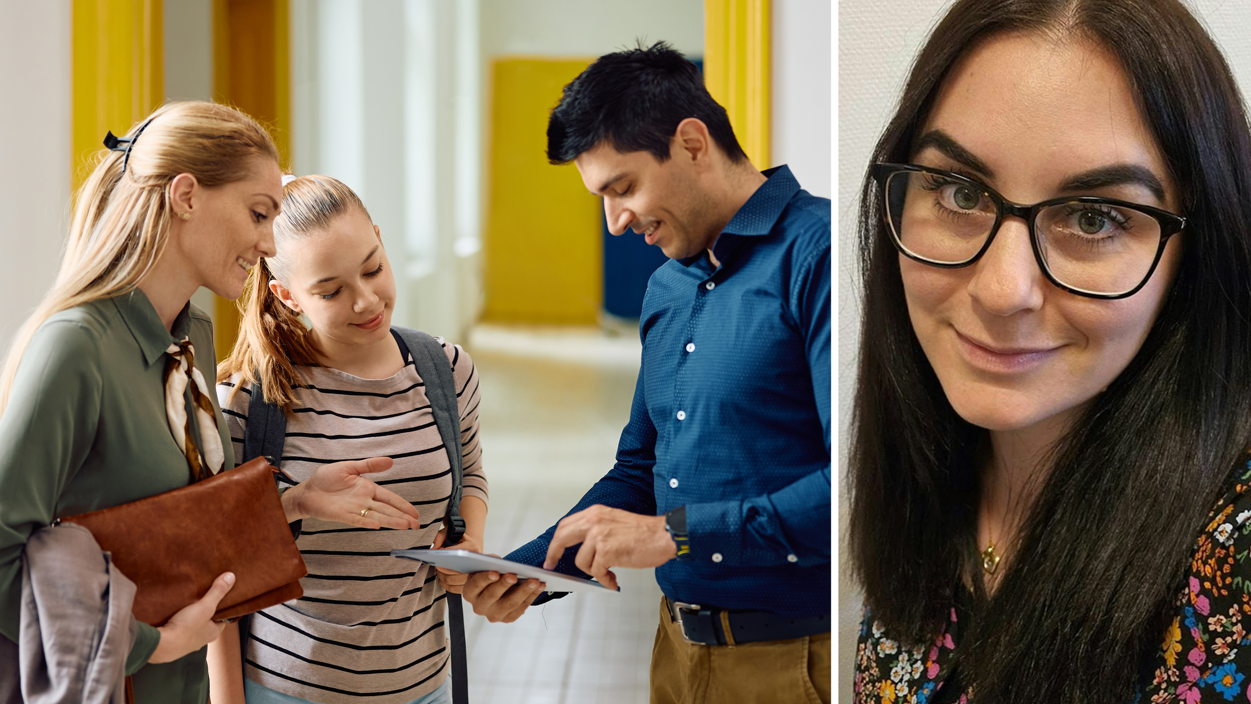 Tre personer i en korridor tittar på en surfplatta tillsammans; till höger ett separat porträtt av en kvinna med mörkt hår och glasögon.