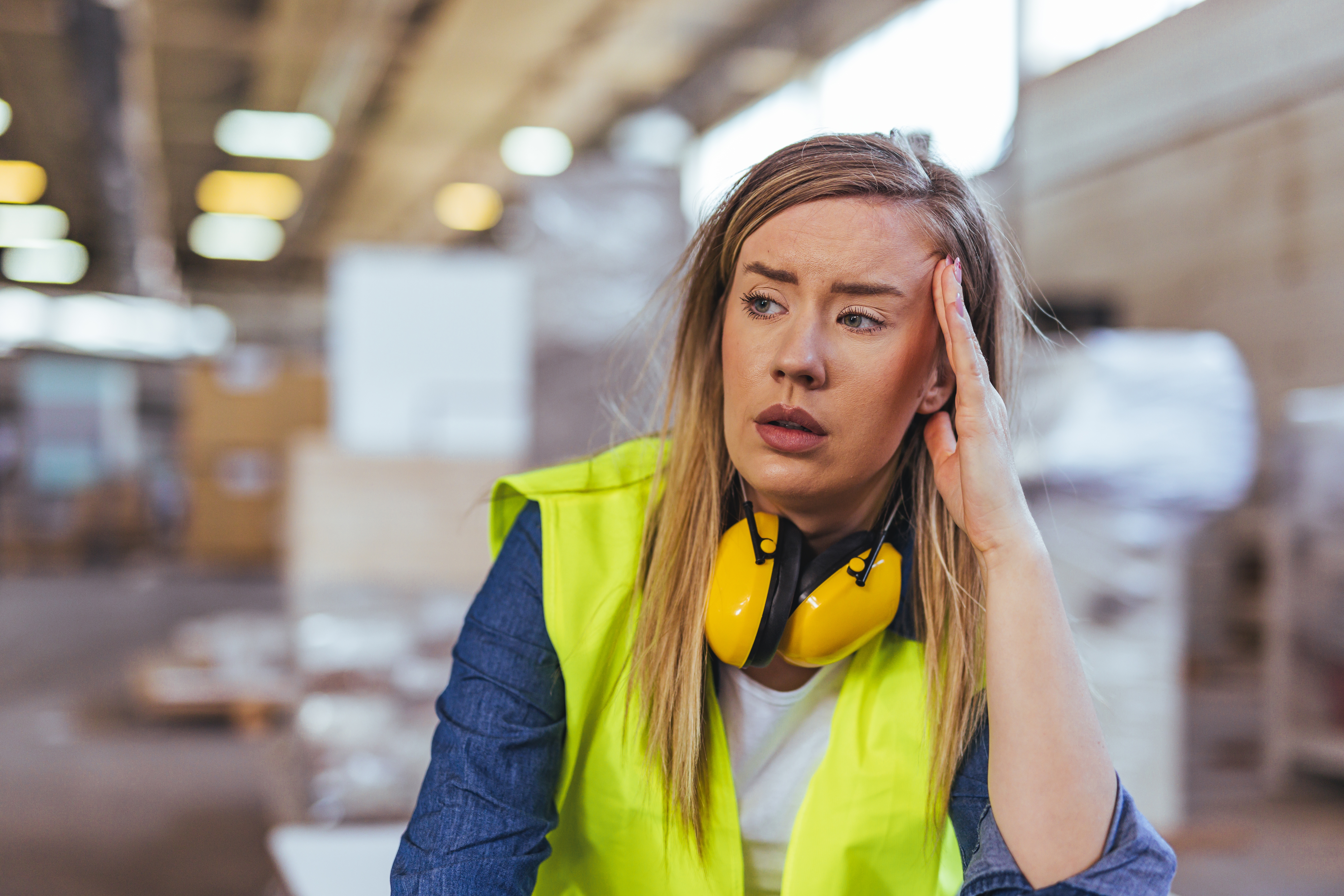 En kvinna med gul skyddsväst och hörselskydd runt halsen sitter i en industrilokal.