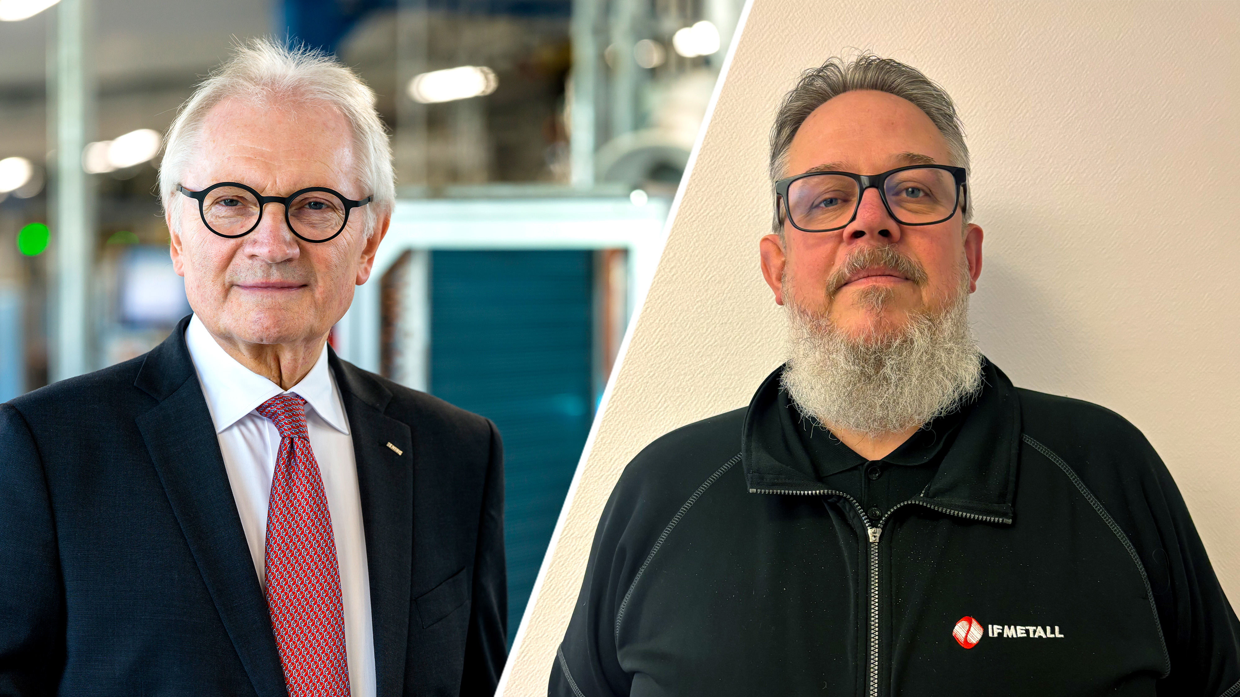 Två män står bredvid varandra; en bär kostym och slips i ett kontor, den andra har glasögon och svart fleece med logotyp mot en vit vägg.