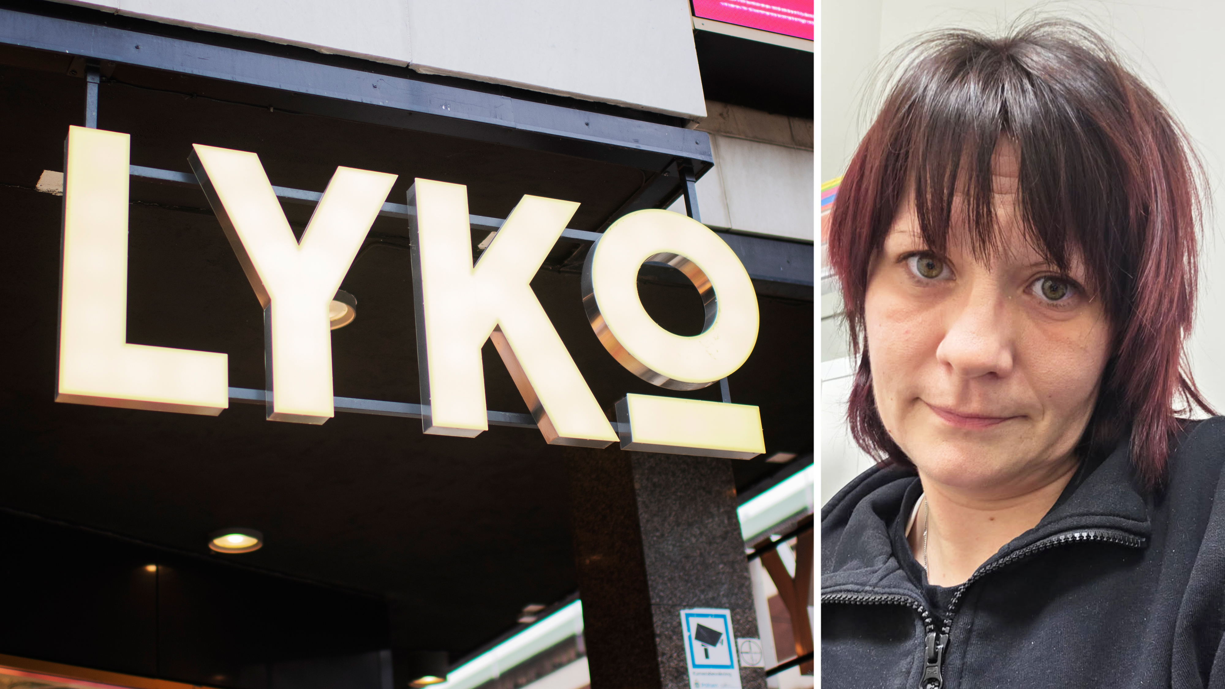En delad bild med en LYKO-butiks skylt till vänster och en kvinna med kort mörkt hår och neutral min till höger.