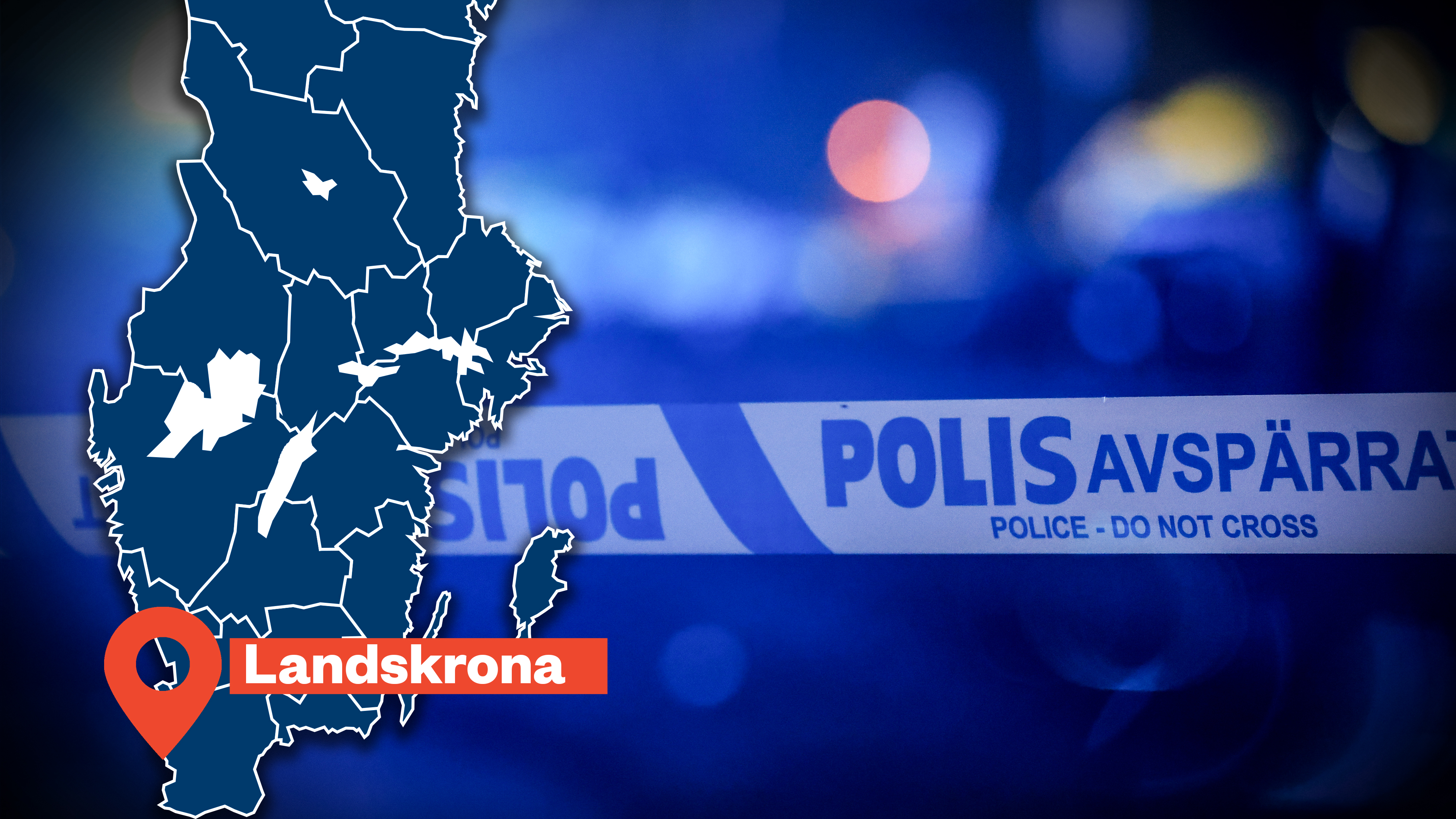 En karta över Sverige markerar Landskrona. I bakgrunden syns en polisavspärrning med texten "Polis Avspärrat".