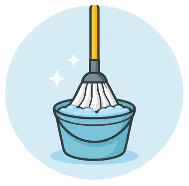 En tecknad mopp i en hink