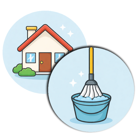 En tecknad mopp i hink över ett tecknat hus