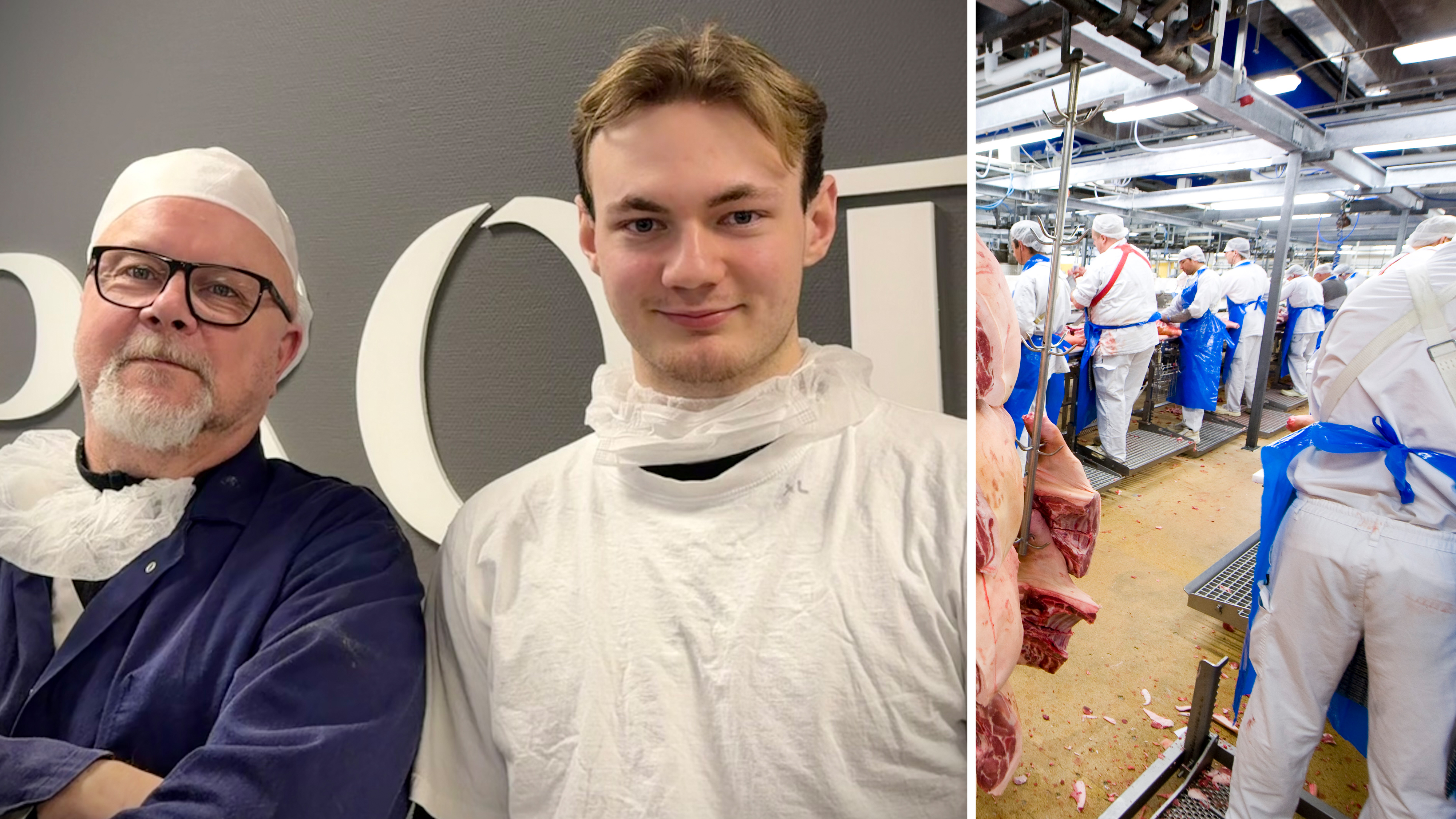 Två personer i vita skyddskläder står framför en vägg, medan arbetare i liknande klädsel hanterar kött på högra sidan.