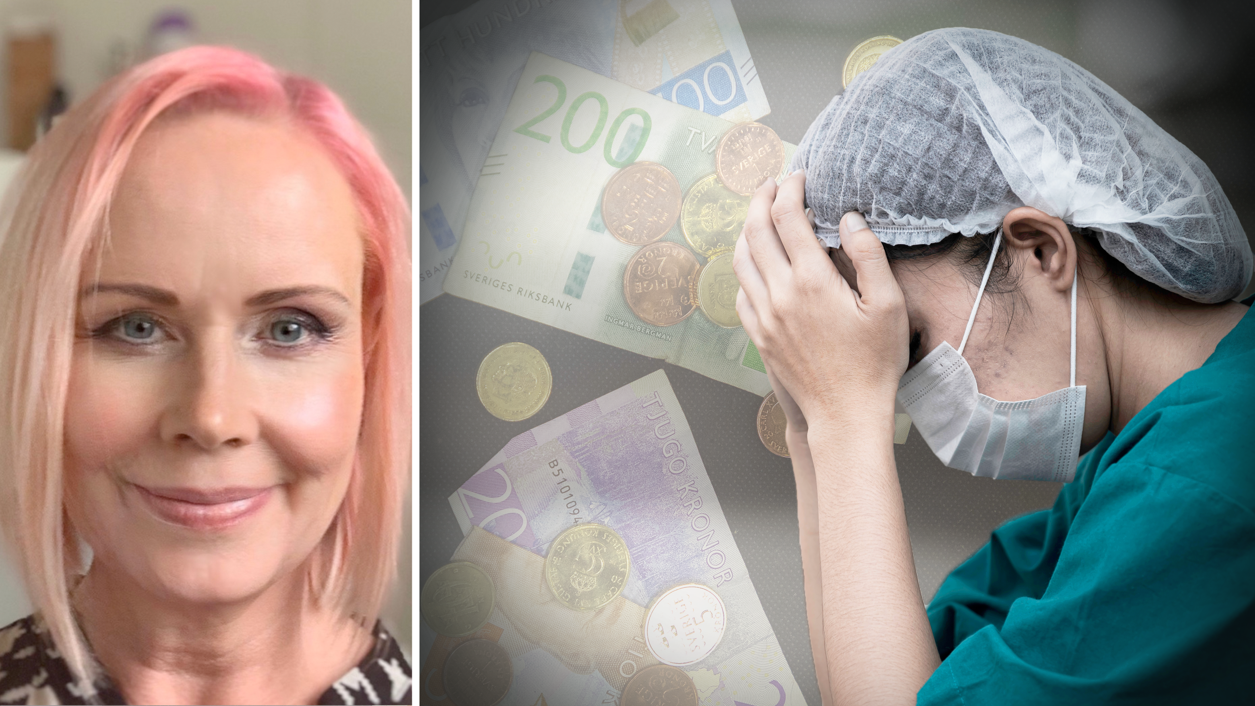 Ett fotomontage med ett foto på Ylva Pettersson placerat bredvid ett collage av stressade sjukvårdare och pengar.