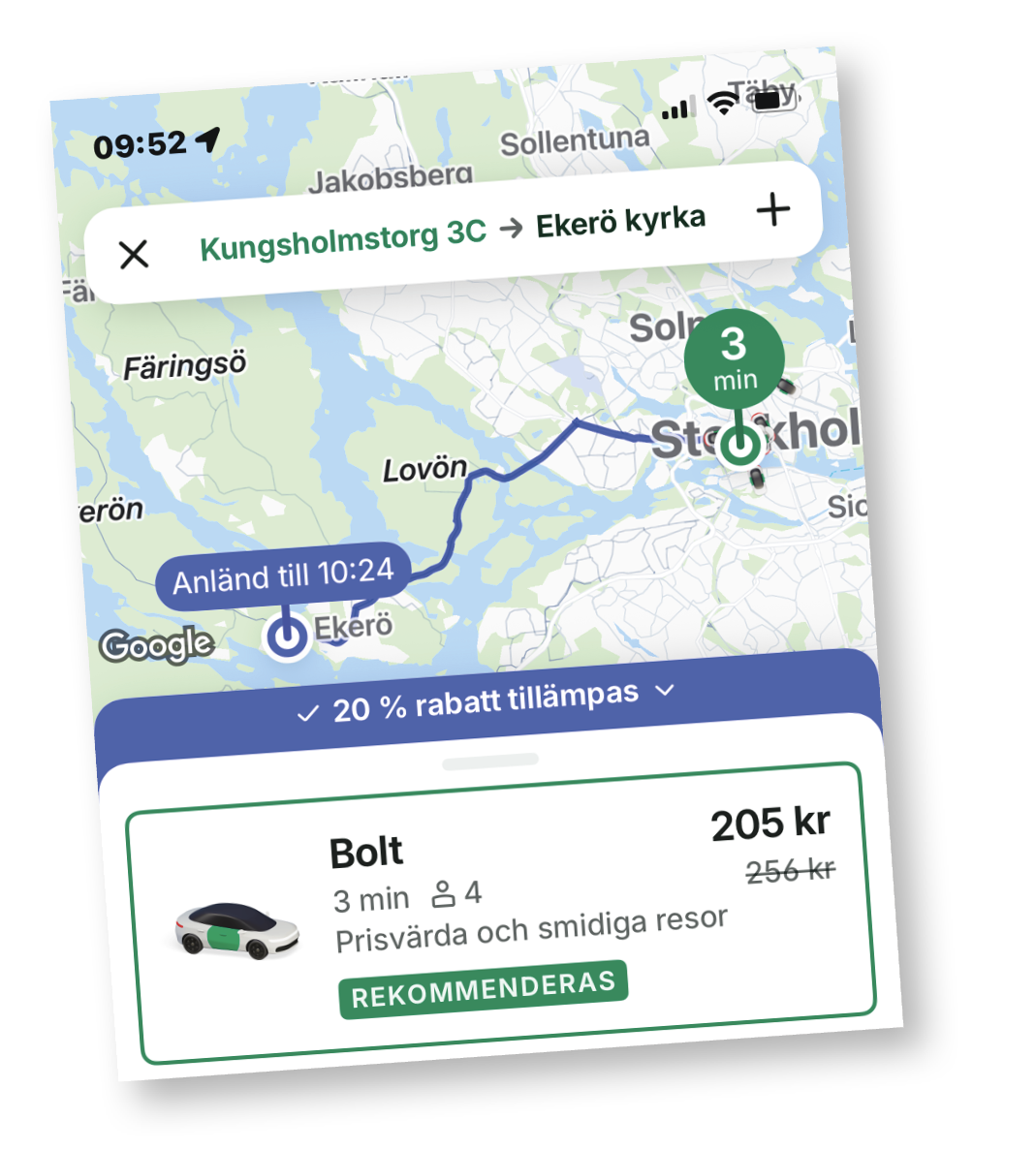 En Google Maps-rutt från Kungsholmstorg 3C till Ekerö kyrka visas med Bolt-alternativ för 205 kr, 3 minuters väntetid och beräknad ankomst 10:24.