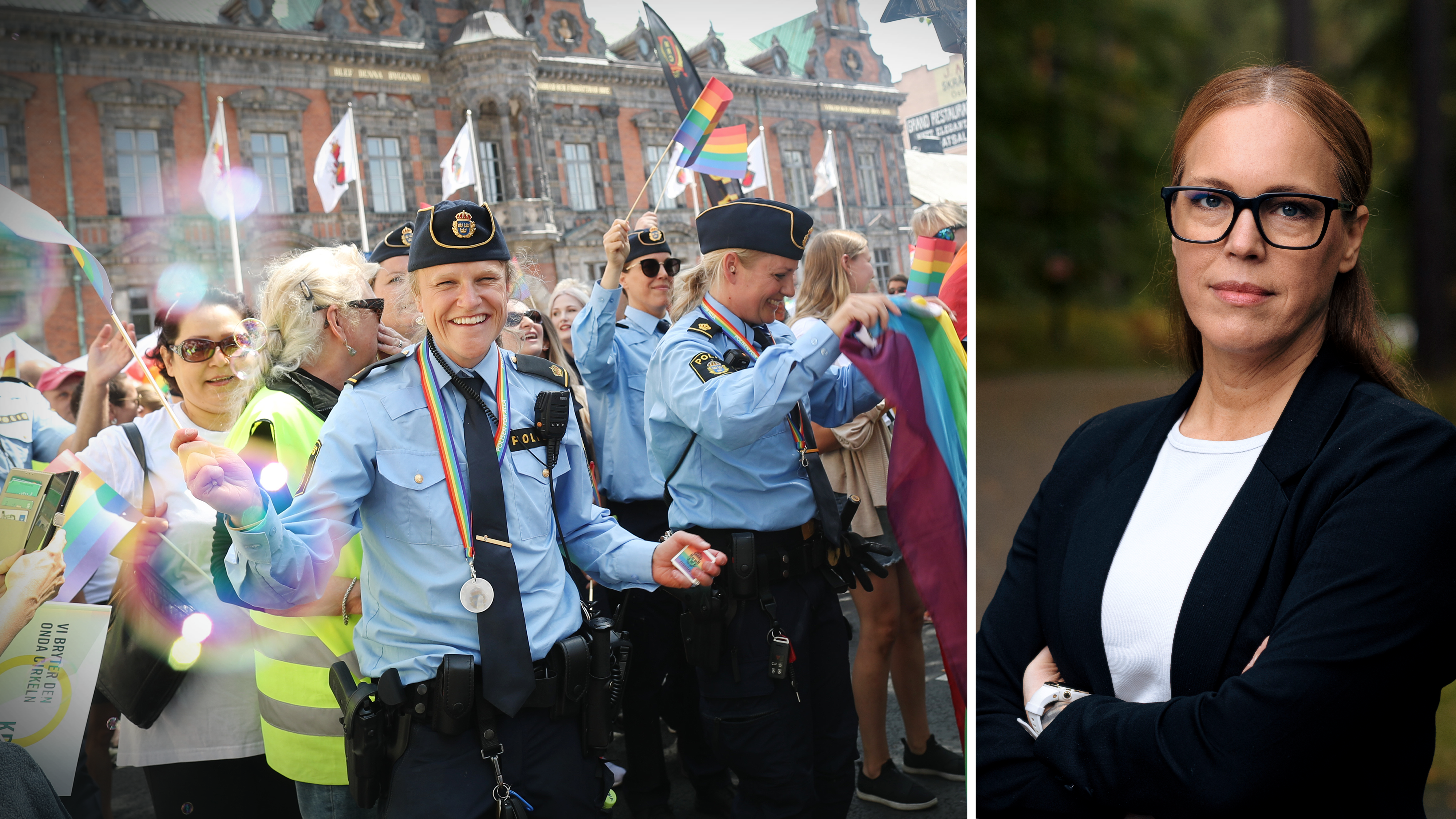 En grupp poliser och civila håller regnbågsflaggor på en parad till vänster; en kvinna med glasögon står utomhus till höger.