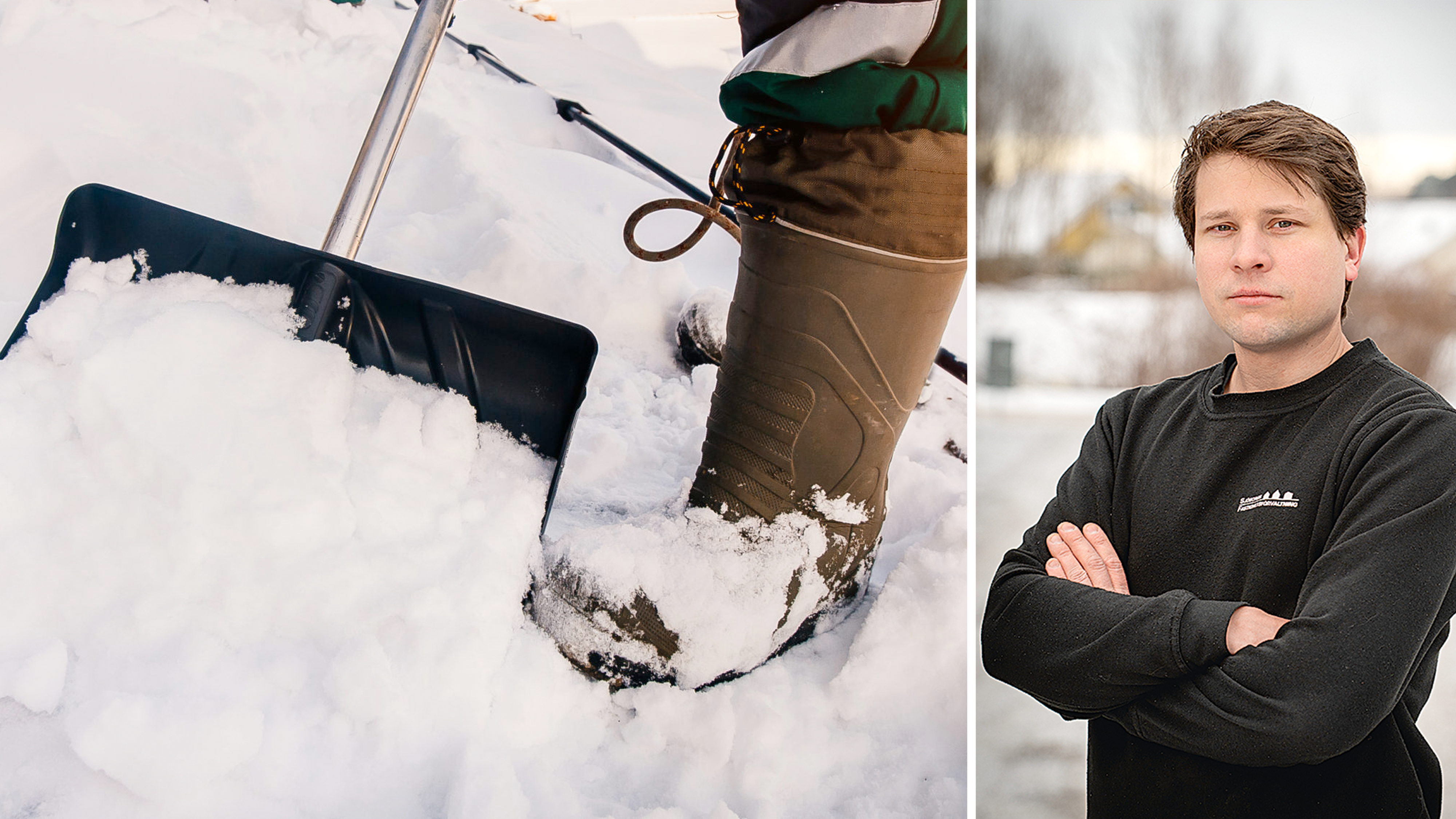 Bildmontage med foto på en stövel och en snöskyffel i snö, invid ett foto på Fredrik Gustavsson.