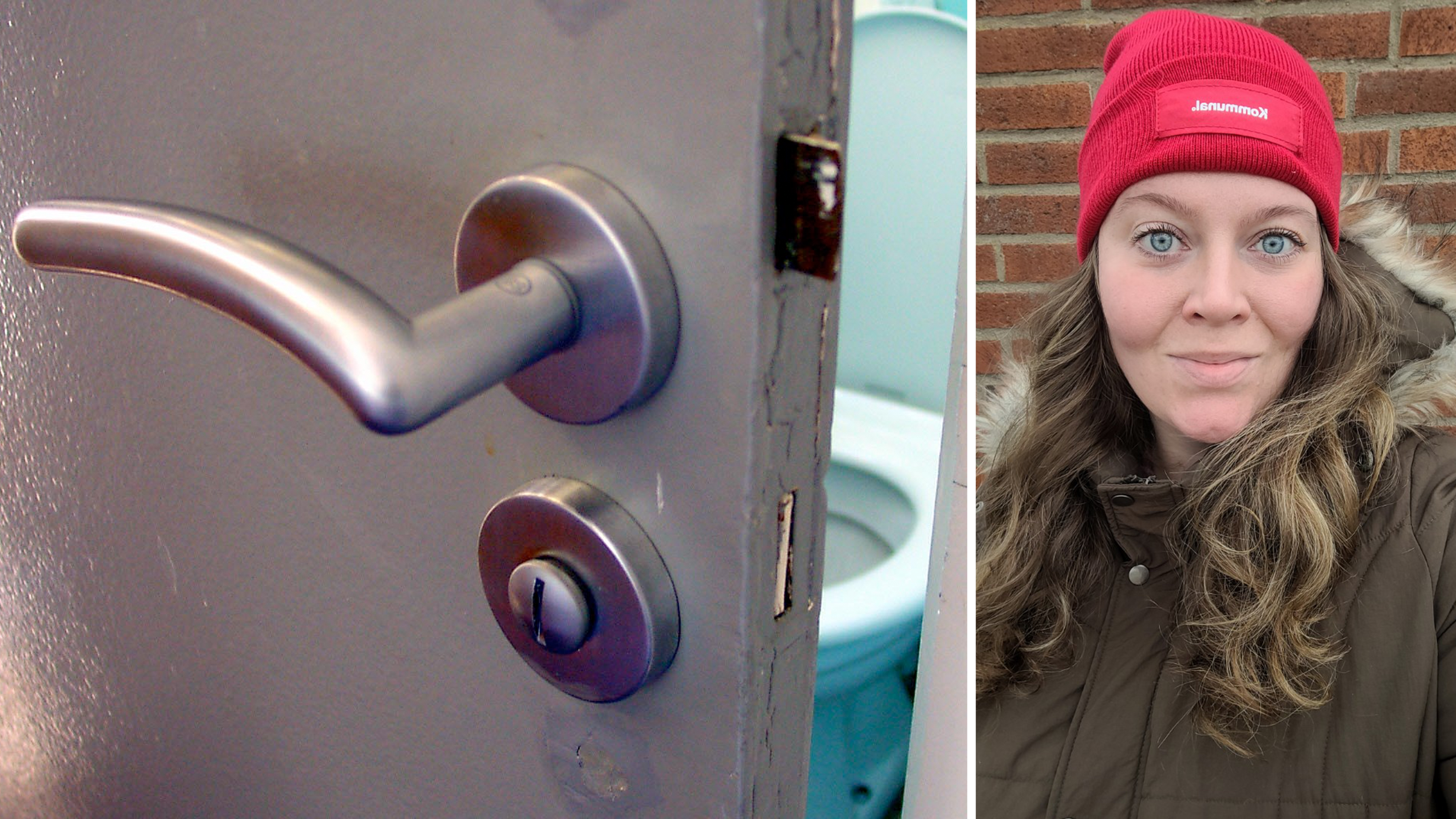 Bildmontage med närbild på en toalettdörr, invid ett foto på Nelly Ryberg i röd mössa med Kommunals logga på.