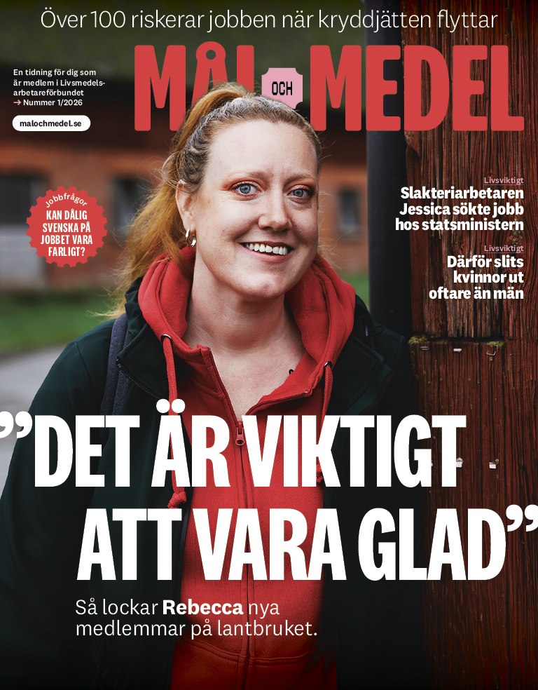 Omslag till Mål och Medel nummer 1 2026, en leende kvinna med rubriken "Det är viktigt att vara glad" stort över bröstet.