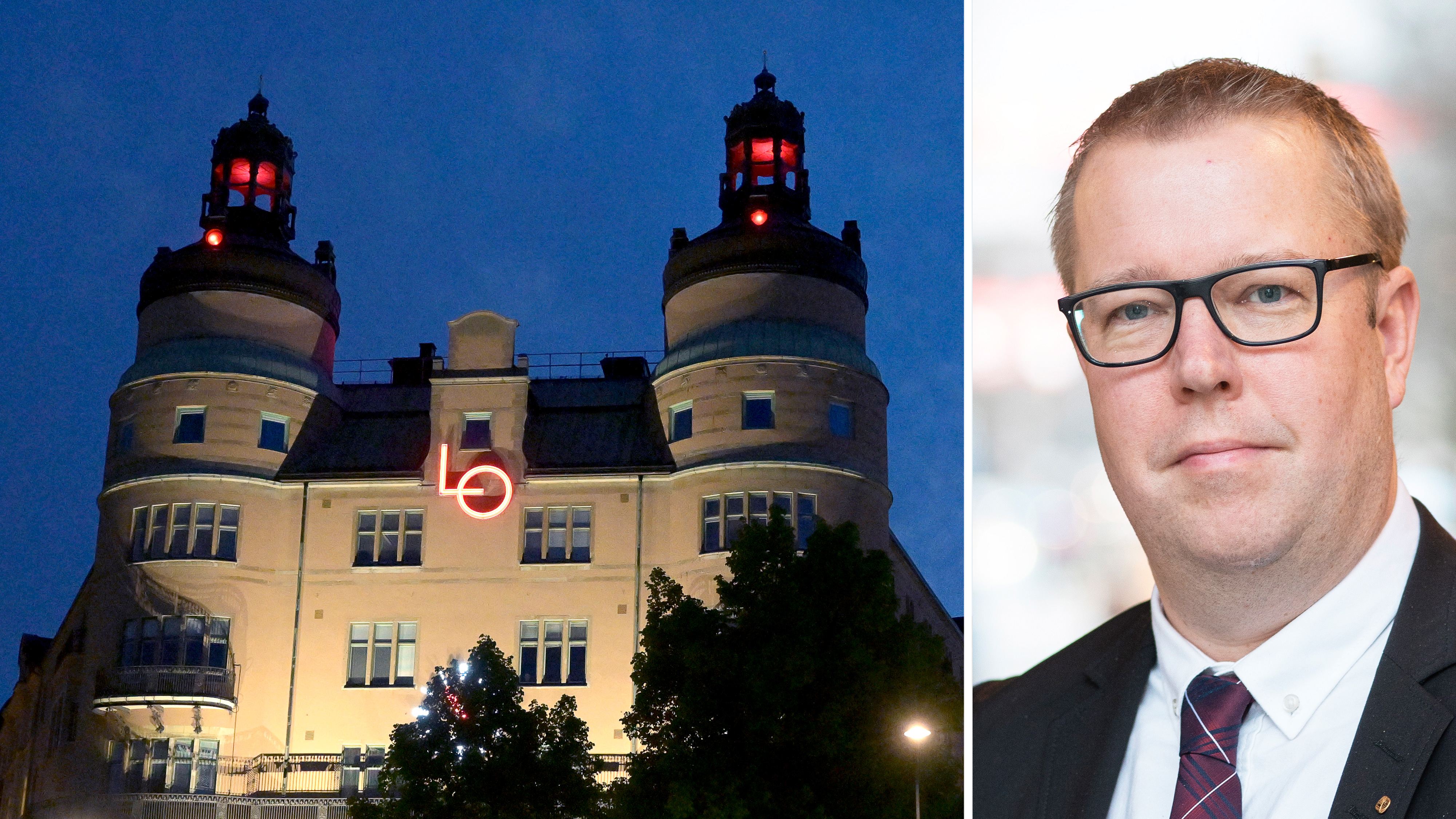 En byggnad med två torn och en röd "LO"-skylt, bredvid ett porträtt av en man i kostym och glasögon.