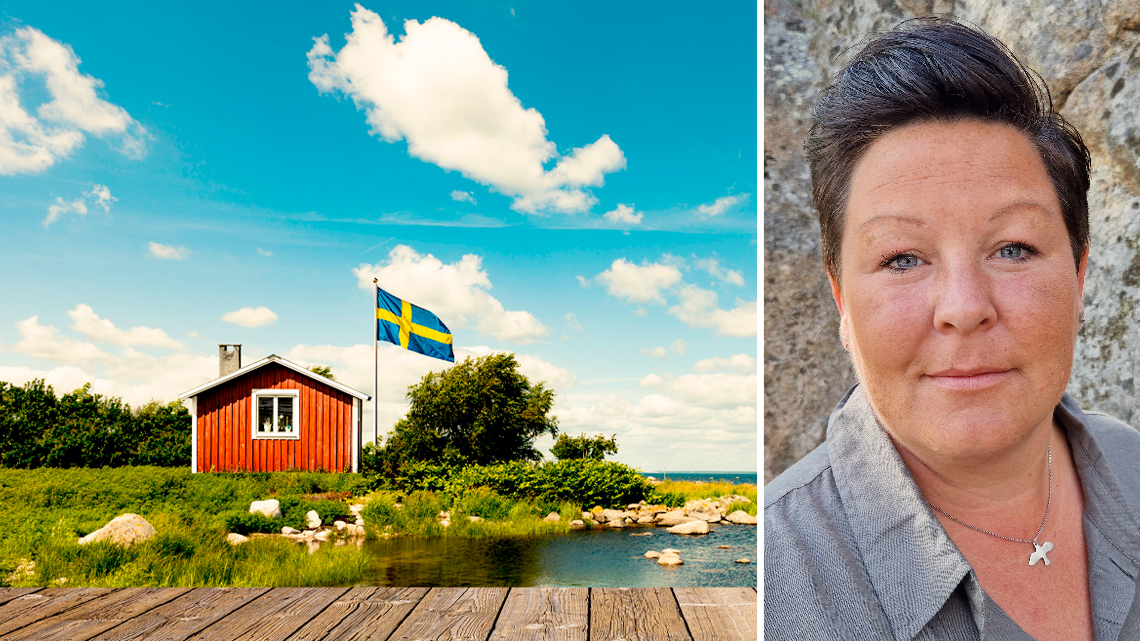 Bildmontage med en röd stuga och flaggstång vid en sjö, invid ett foto på undersköterskan Ann-Sofie Svensson.