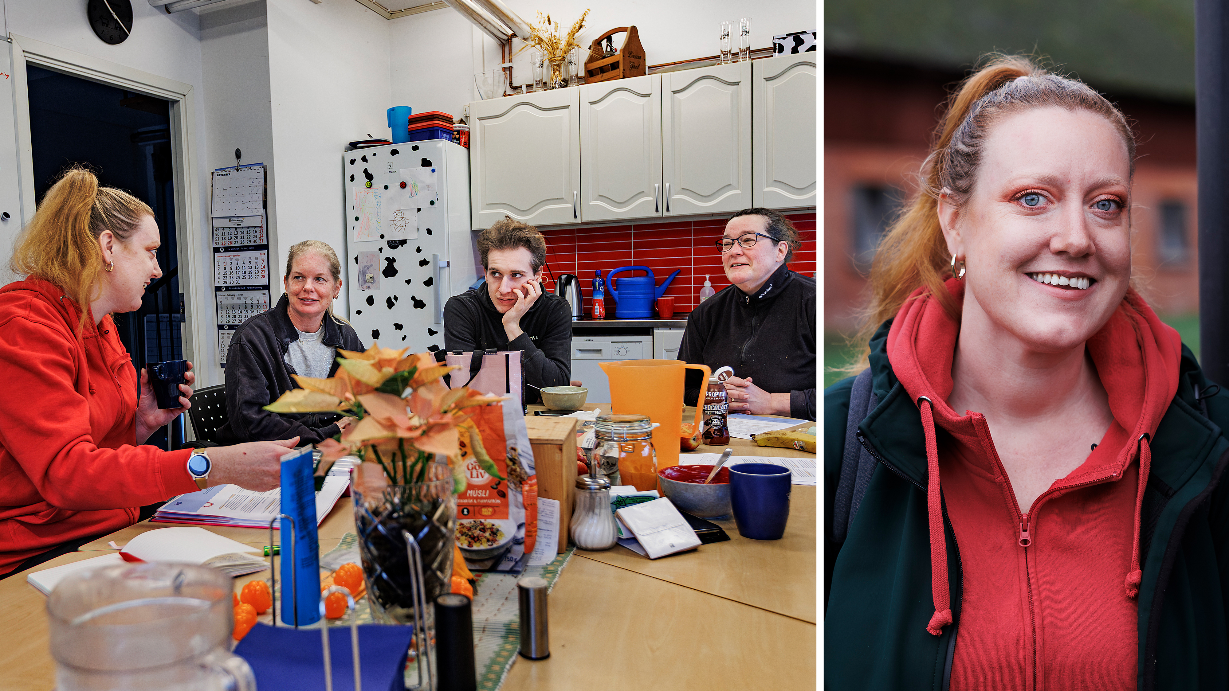 Fyra personer sitter vid ett köksbord och samtalar. Till höger en infälld bild med en kvinna som står utomhus i röd huvtröja och ler.