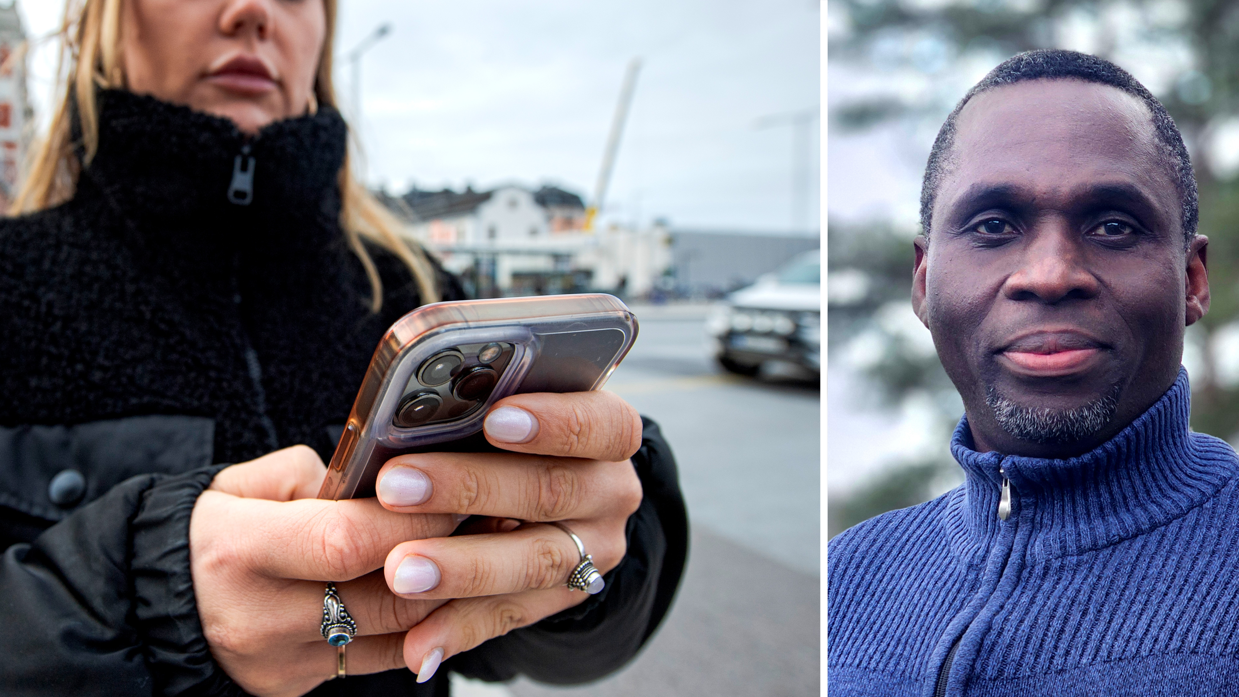 En kvinna i svart jacka använder en smartphone utomhus; bredvid henne står en man i blå tröja för ett porträtt utomhus.