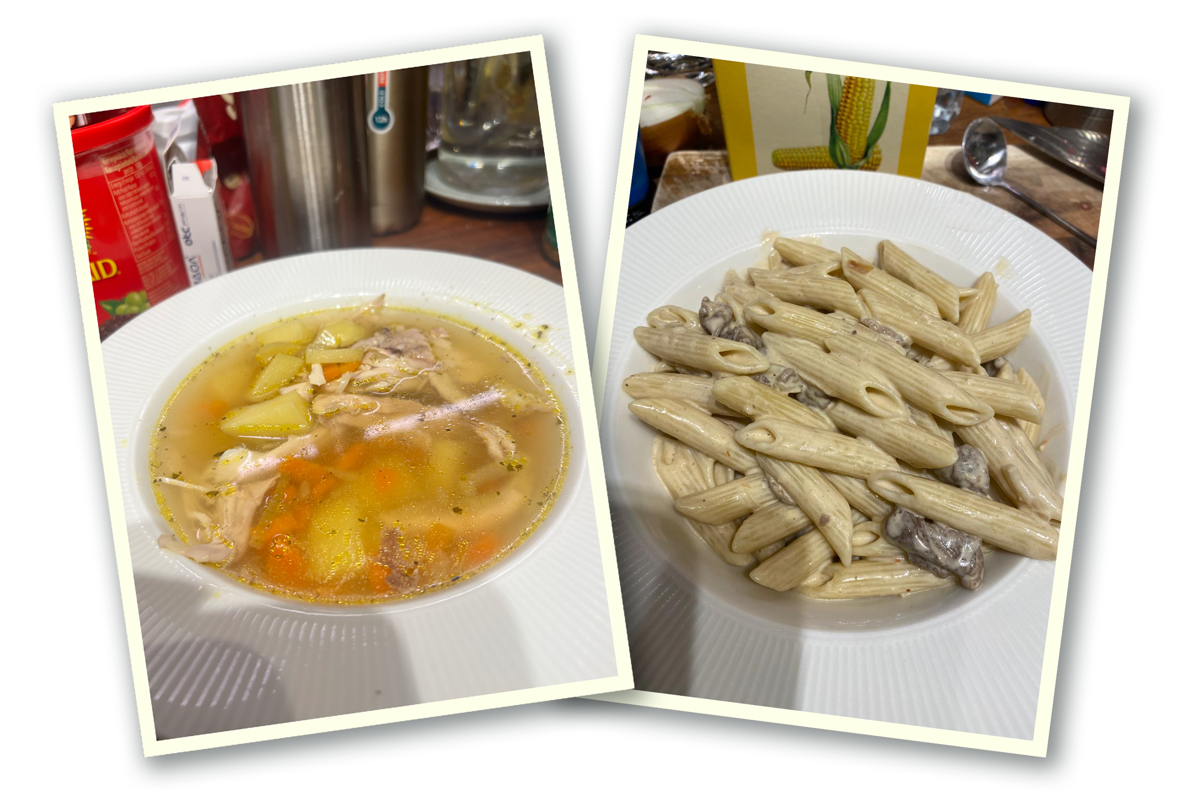 Det finns två vita skålar, en med kycklingsoppa med grönsaker och potatis och den andra med nötköttspasta. Båda står på bordet.