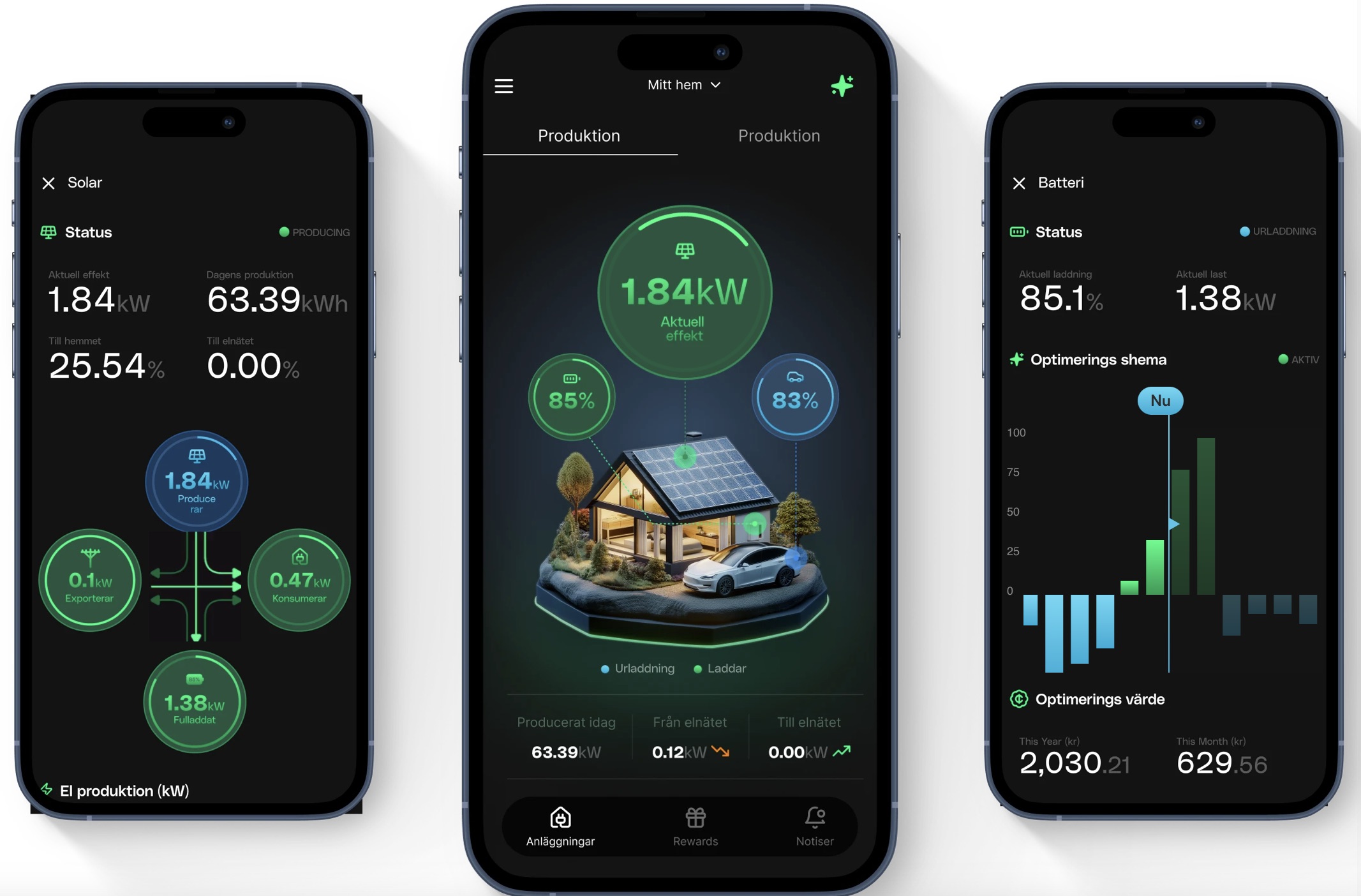 De tre smarttelefonerna visar en energihanteringsapp för hemmet som innehåller information om solenergi, batteristatus och systemdata.