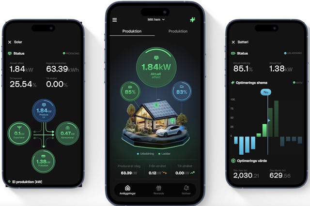 De tre smarttelefonerna visar en energihanteringsapp för hemmet som innehåller information om solenergi, batteristatus och systemdata.