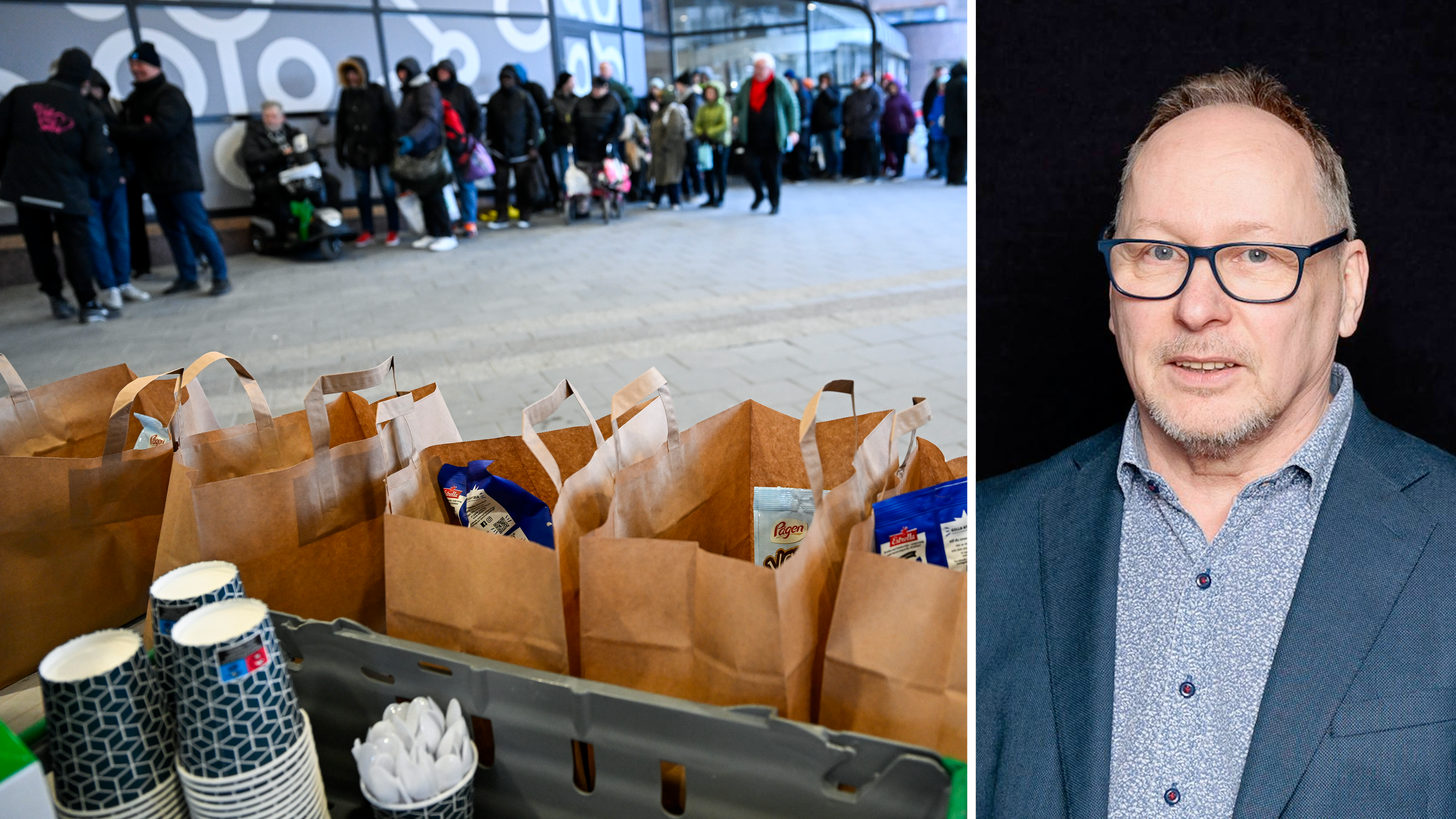 Delad bild med en ringlande matkö till vänster och ett foto på Kari Parman till höger.