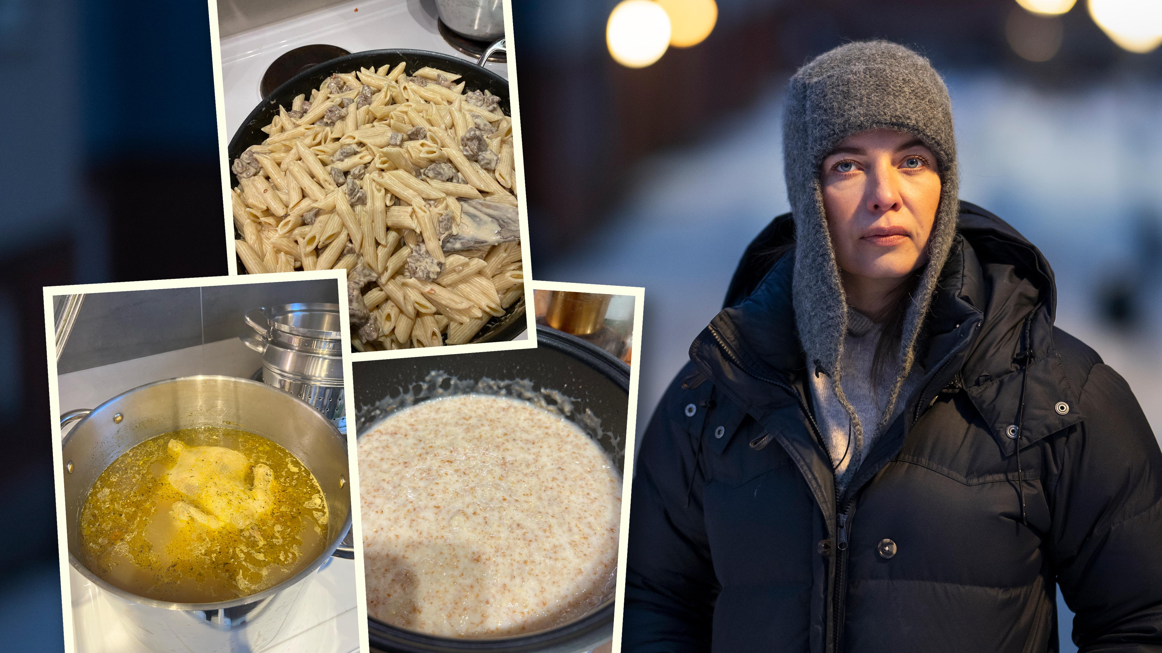 Lana ses utomhus i vinterkläder bredvid tre bilder på pasta med kött, kokt kyckling och en skål gröt.
