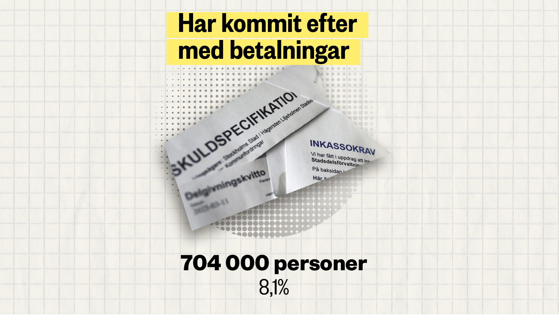 Bild av skuldinformationsdokument med text "betalningen försenades". Nedan är "704 000 personer, 8,1 %".
