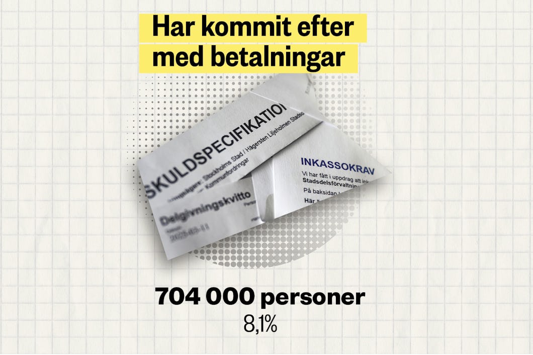 Bild av skuldinformationsdokument med text "betalningen försenades". Nedan är "704 000 personer, 8,1 %".