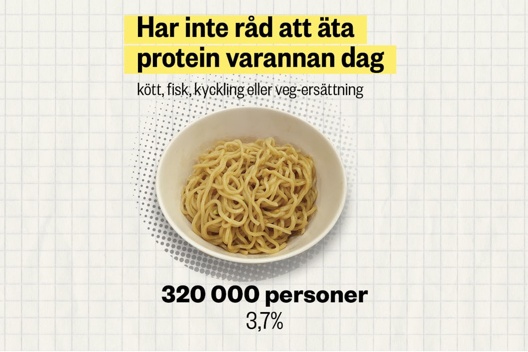 En nudelskål dyker upp. I den svenska texten ovan säger 320 000 personer (3,7 %) att de inte har råd att konsumera protein varannan dag.