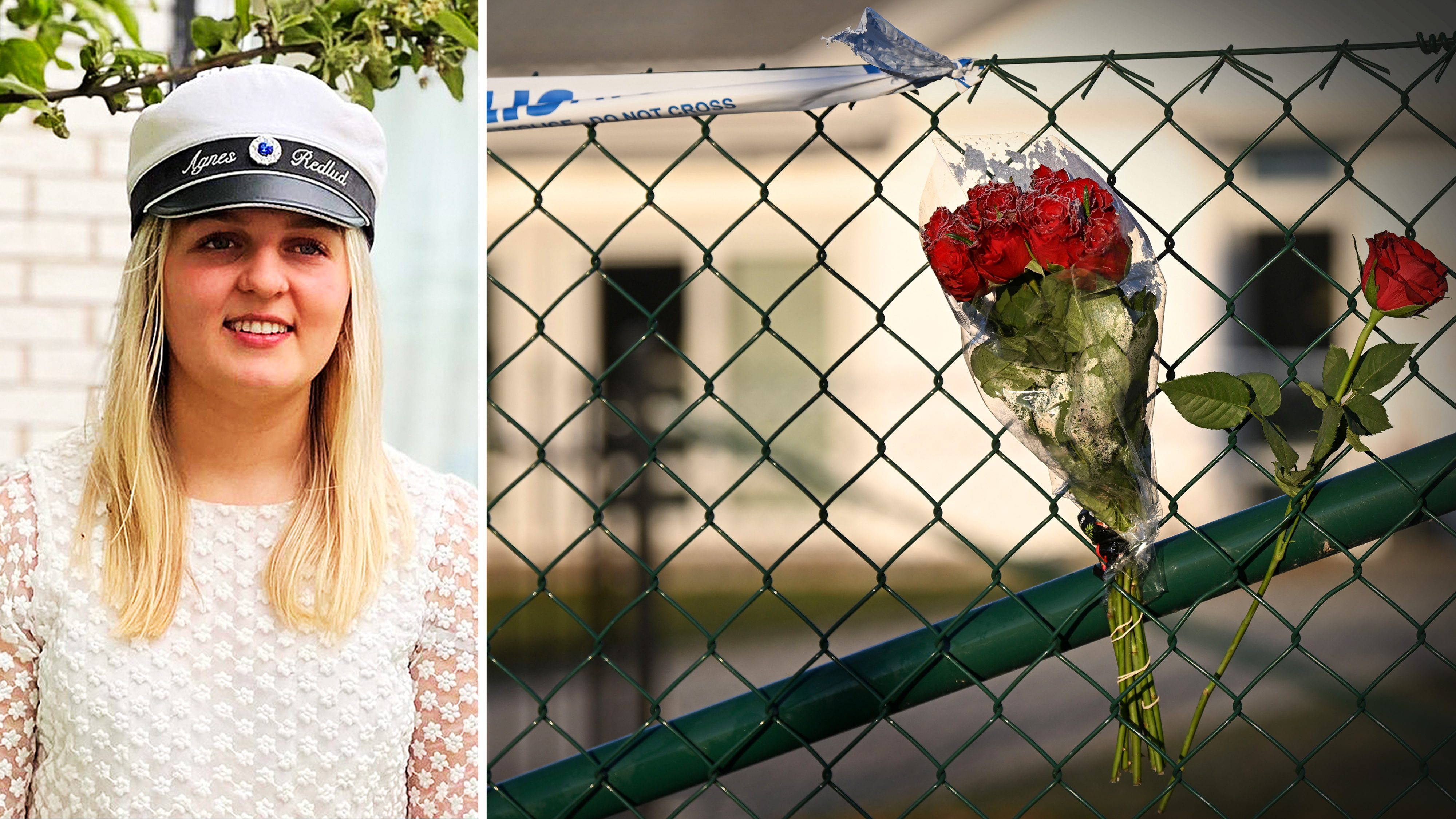 Agnes Redlund med vit mössa och mönstrad klänning står och ler; bredvid sitter en bukett röda rosor på ett stängsel.