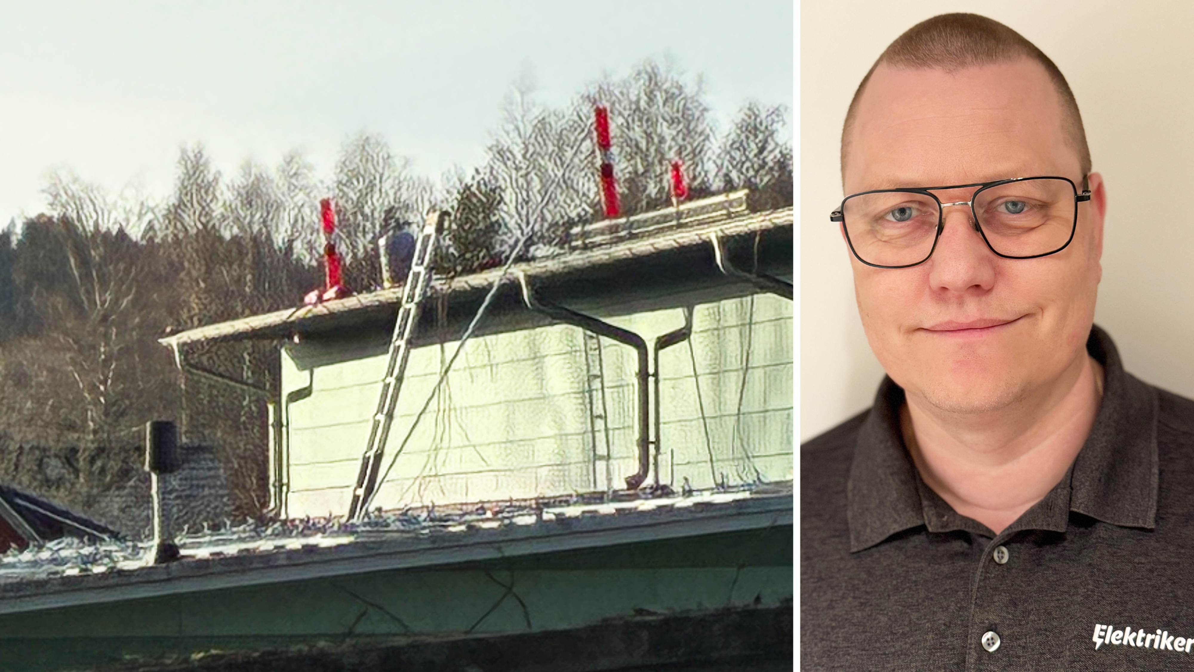 En person arbetar på ett snötäckt hustak med en stege och röda markeringar; bredvid finns en porträtträtt av en man med glasögon och pikétröja där det står "Elektriker".