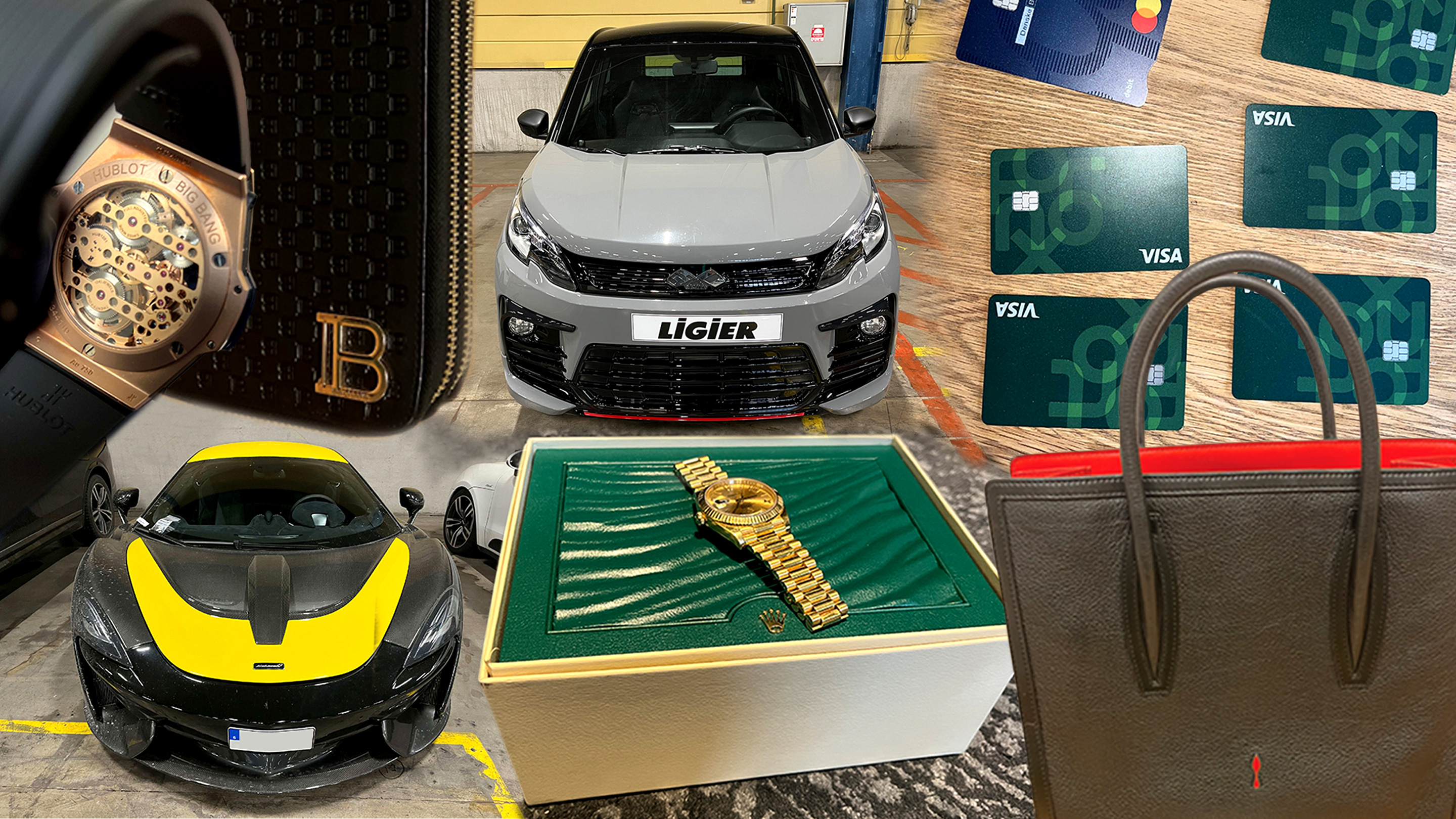 Collage med två sportbilar, en guldklocka, en designerväska, kreditkort och en närbild av en klockas urtavla.