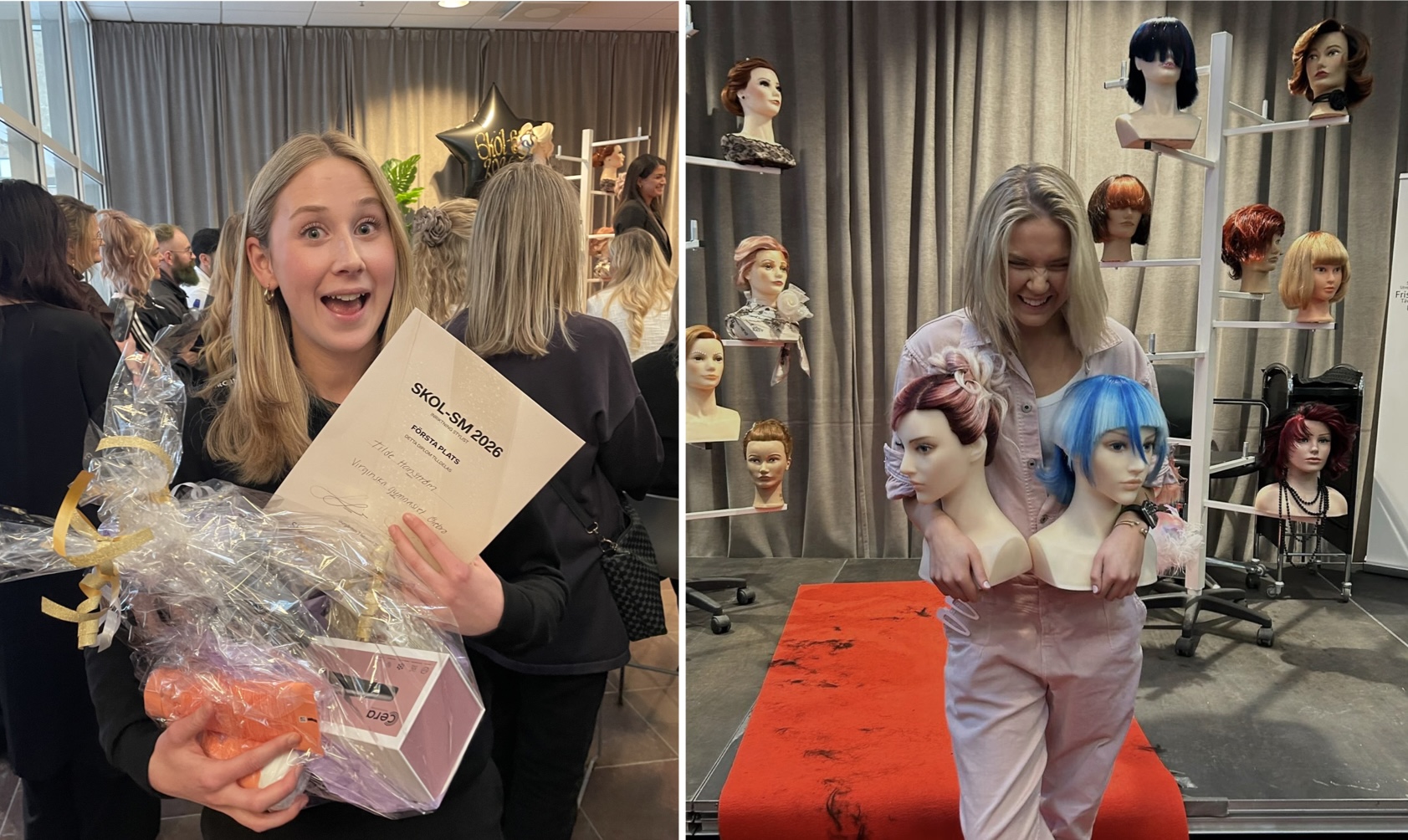Två bilder bredvid varandra visar en ung kvinna på ett frisörevent. Till vänster håller hon ett diplom och en presentkorg. Till höger håller hon skylldockshuvuden med peruker.
