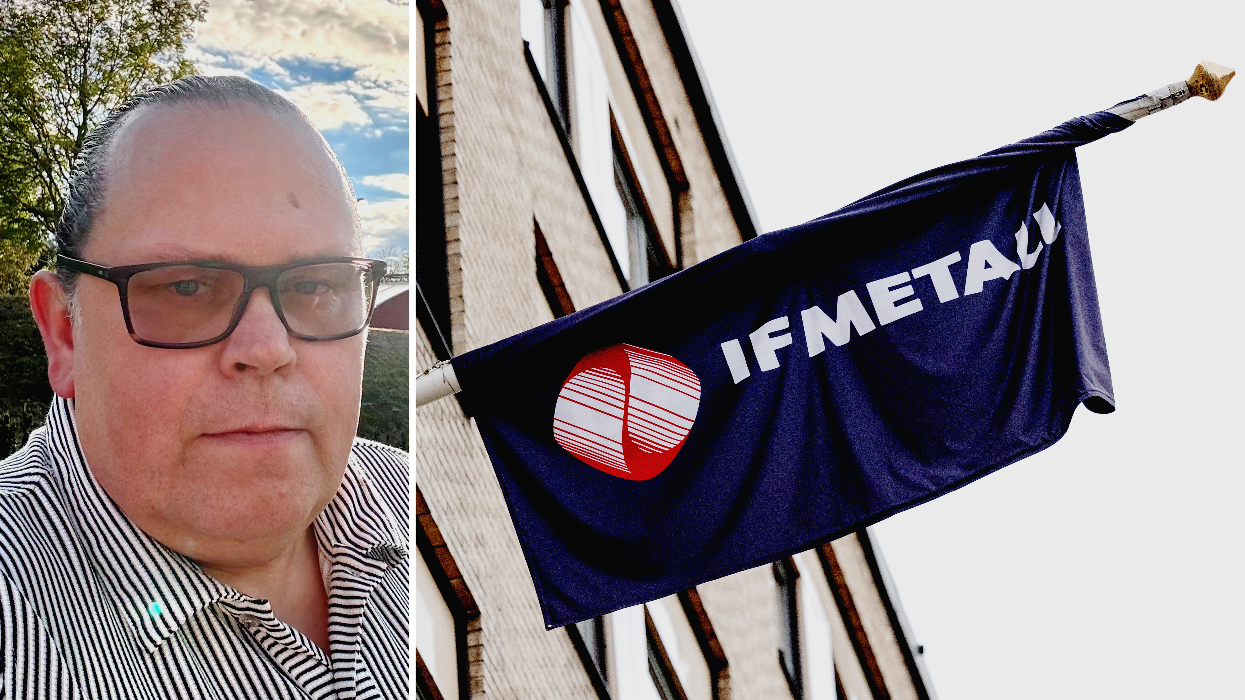 En man med glasögon och randig skjorta syns till vänster; till höger en flagga med texten "IF METALL" på en byggnad.