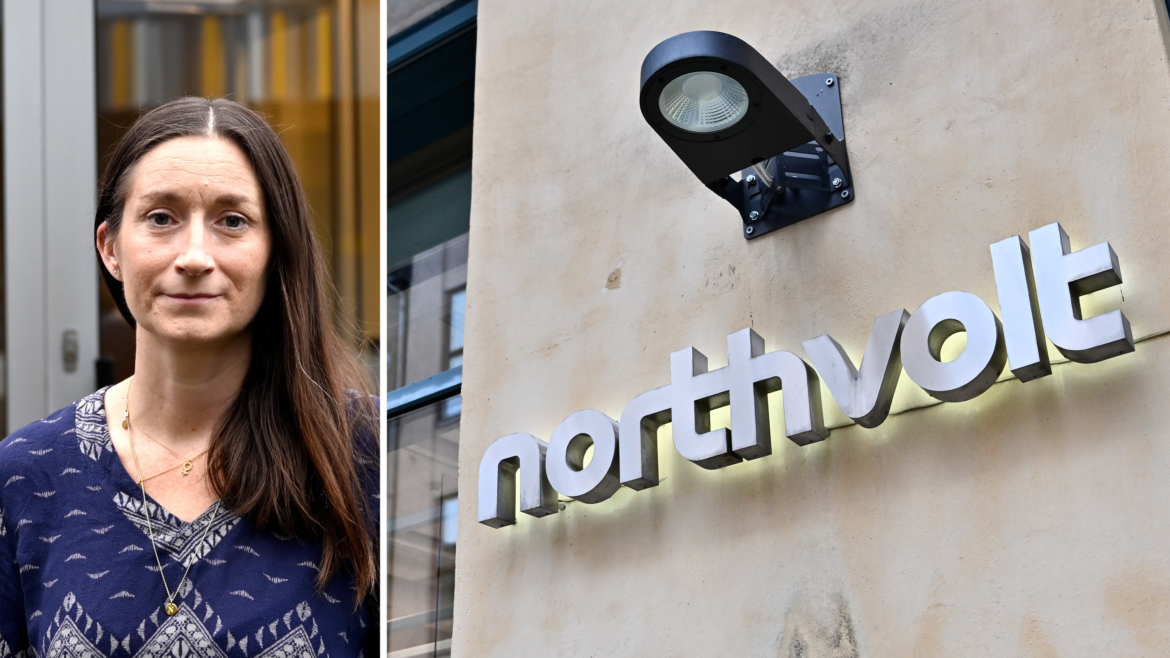 En kvinna står utomhus bredvid en byggnad med en "northvolt"-skylt och en väggmonterad lampa.