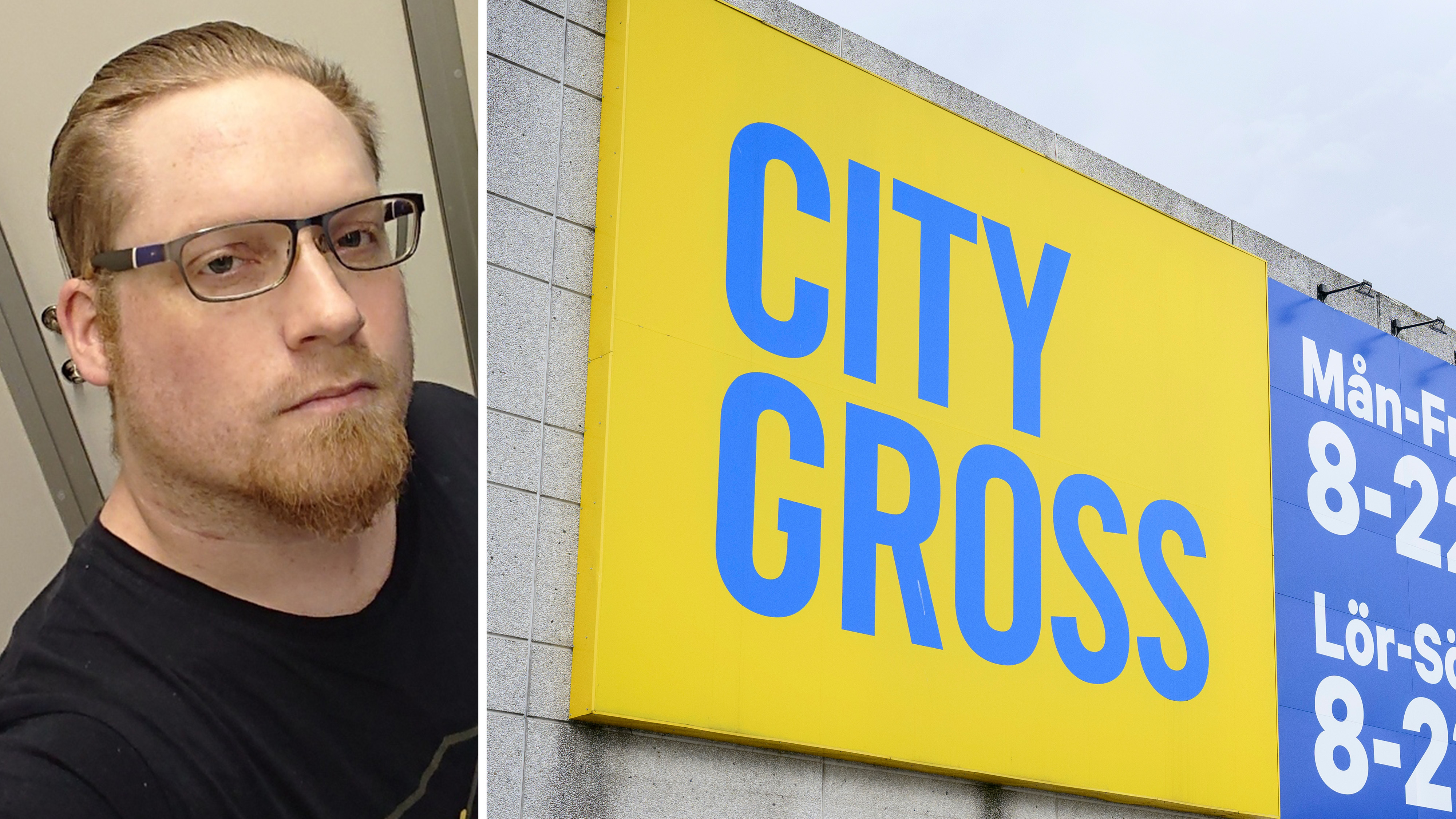 En person med glasögon och skägg är till vänster; till höger finns en City Gross-skylt med öppettider på svenska.